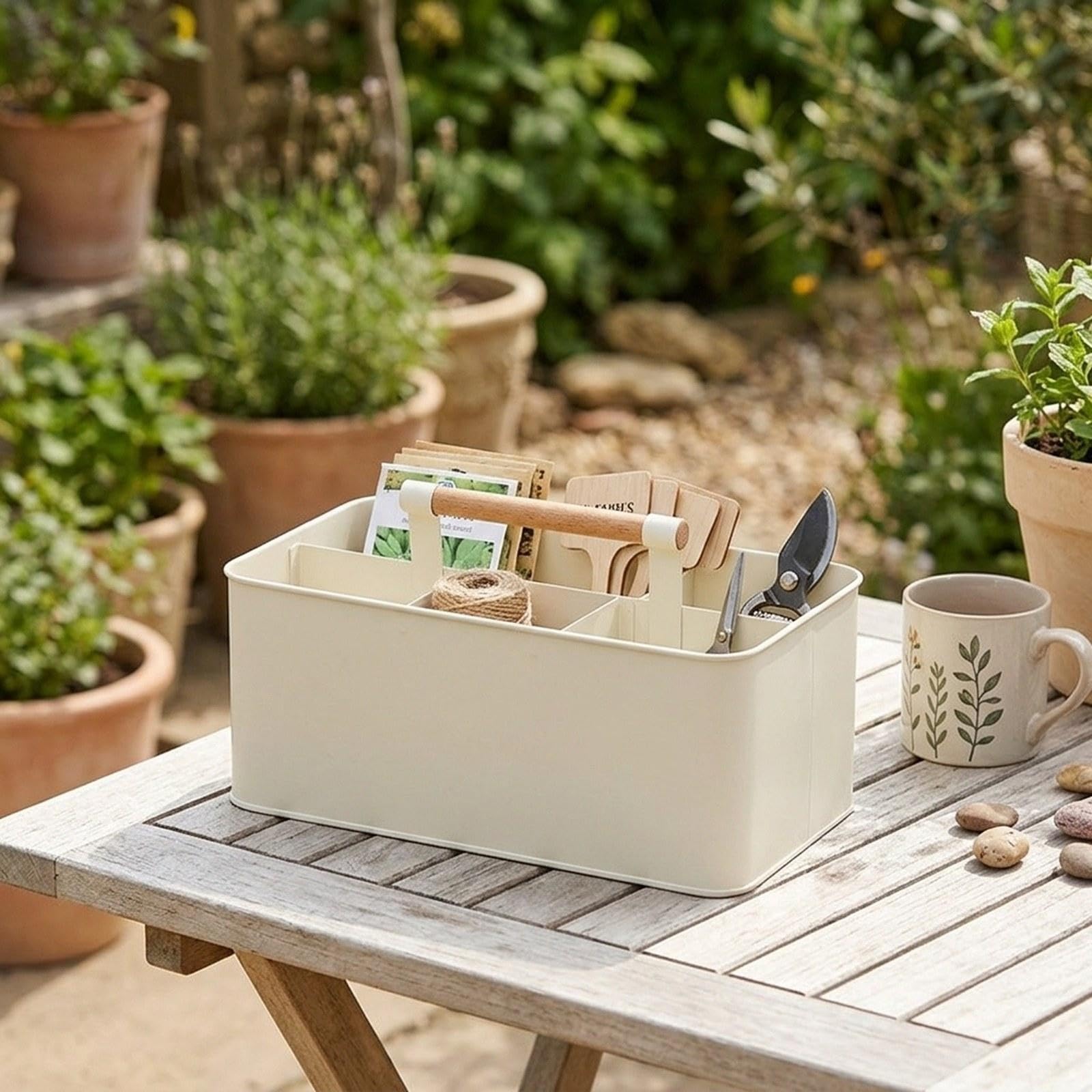 Cesto da Giardinaggio, Scatola Organizer in Metallo con 4 Scomparti E Manico in Legno, Ferro Zincato Resistente per Attrezzi E Attrezzature, Adatto PE, Bianco