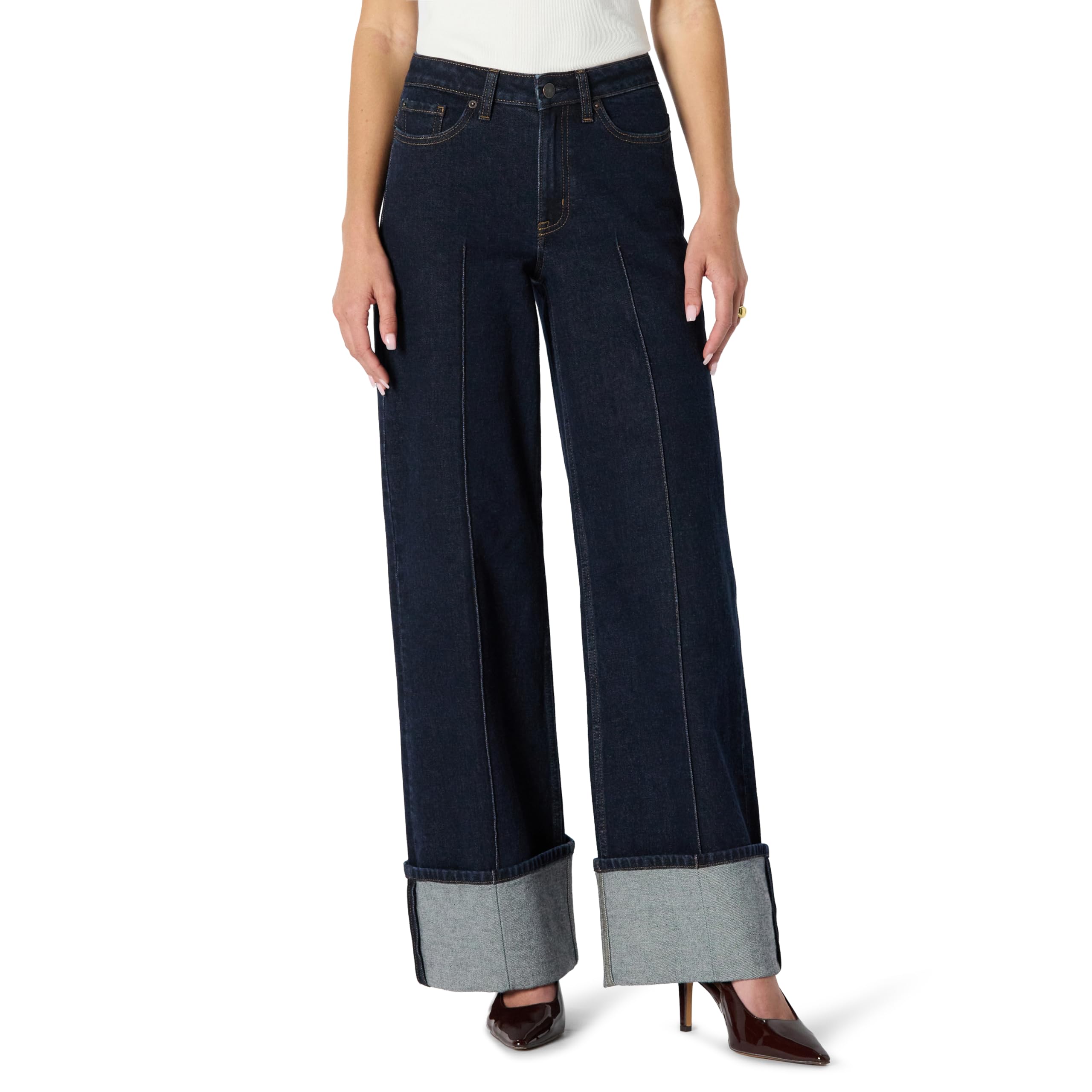 Amazon Essentials Jeans a Vita Alta e Gamba Larga con Risvolto Donna, Risciacquo, 44