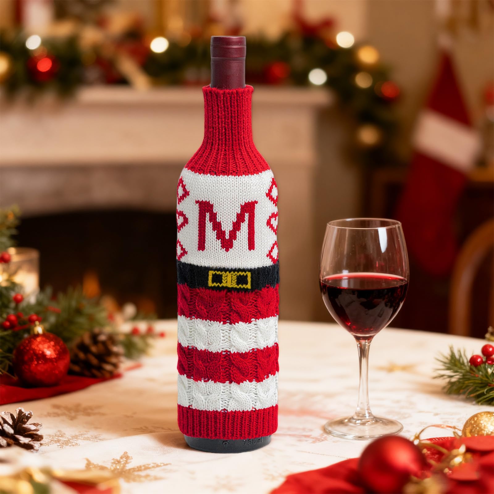 Christmas Wine Bottle Cover Knit Sleeve Red and White Letter M Design Decorative Wrap for Holiday Party Dining Table Storage and Seasonal Celebration