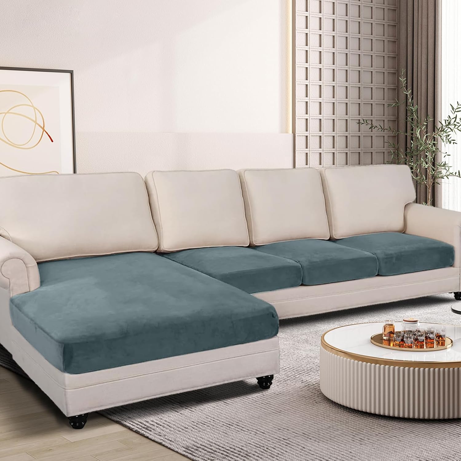 Sectional Couch Cushion Covers 4 Pieces Velvet Separate L Shape Couch Cover Stretch Sofa Slipcover Washable Furniture Protector (3 Seater+1 Chaise,Peacock Blue) 3 Seater + 1 Chaise Peacock Blue