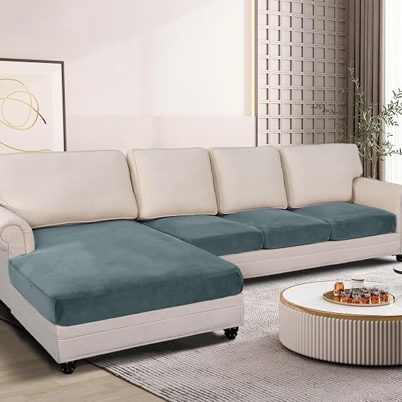 ANARACHON Sectional Couch Cushion Covers 4 Pieces Velvet Separate L Shape Couch Cover Stretch Sofa Slipcover Washable Furniture Protector (3 Seater+1 Chaise,Peacock Blue)