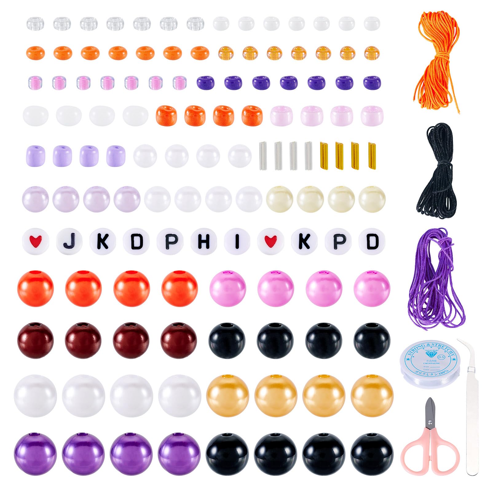 Boutigem Kit de fabricación de joyas de ABS y cuentas acrílicas de Halloween, 24 estilos de cuentas planas redondas de tubo de arroz con pinzas de tijera, cordón de cristal, decoración de Halloween