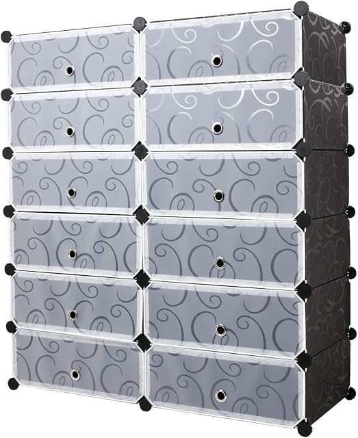 Meerveil Portable Shoe Storage Organizer Racks, Plastic Cube Shoe Cabinet Shelving for Space Saving, Shoe Rack Shelves for shoes,Slippers (2 * 6-tier), Black