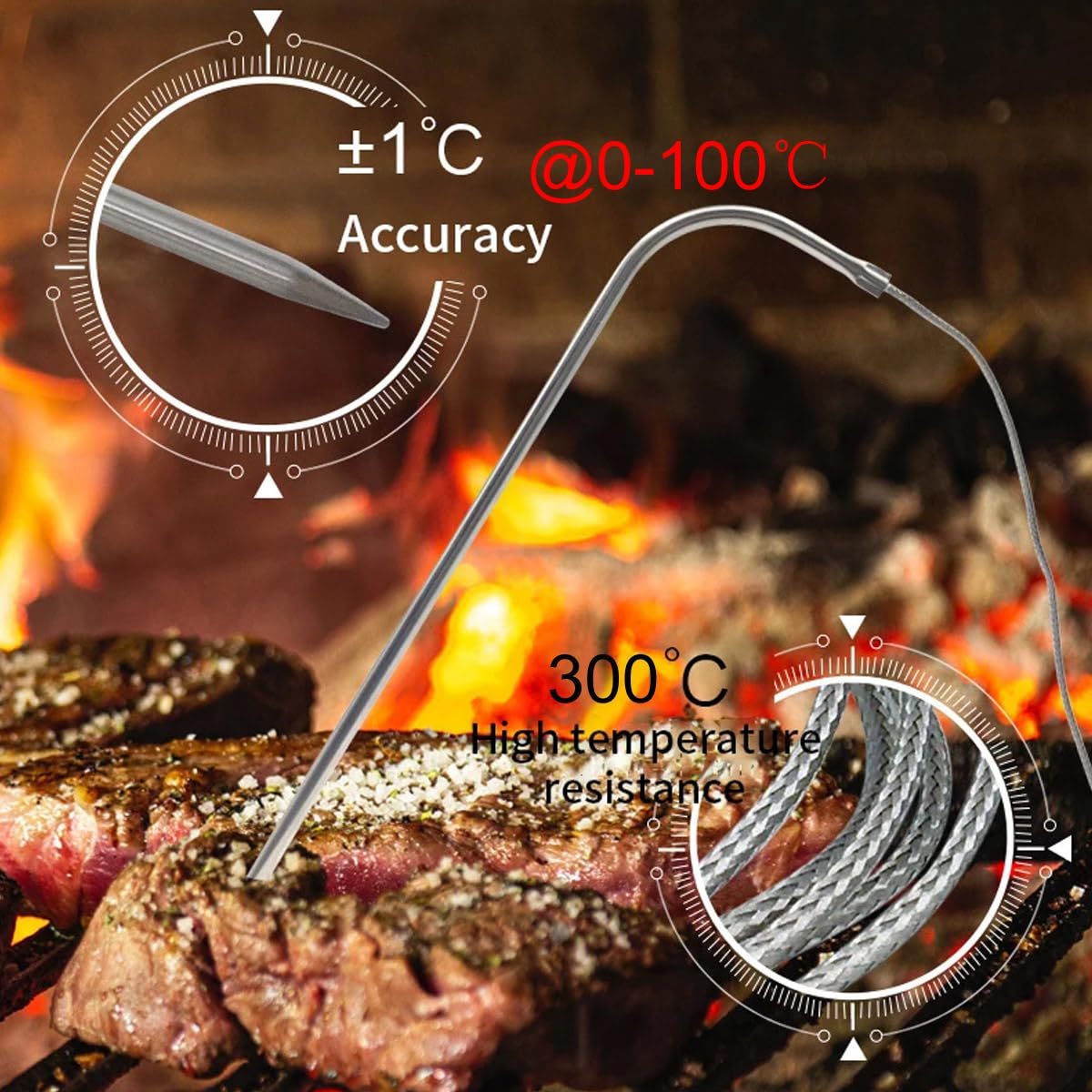 Grand thermomètre numérique LCD pour cuisson des aliments et de la viande avec sonde en acier inoxydable, fumoir, four, barbecue