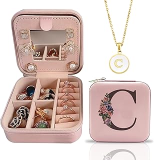 CoFlink Personalized Travel Jewelry Box with Mirror - Compact Portable Organizer for Women with Letter Necklace, Ideal for Mother\'s Birthday and Valentine\'s Day Gift (C)