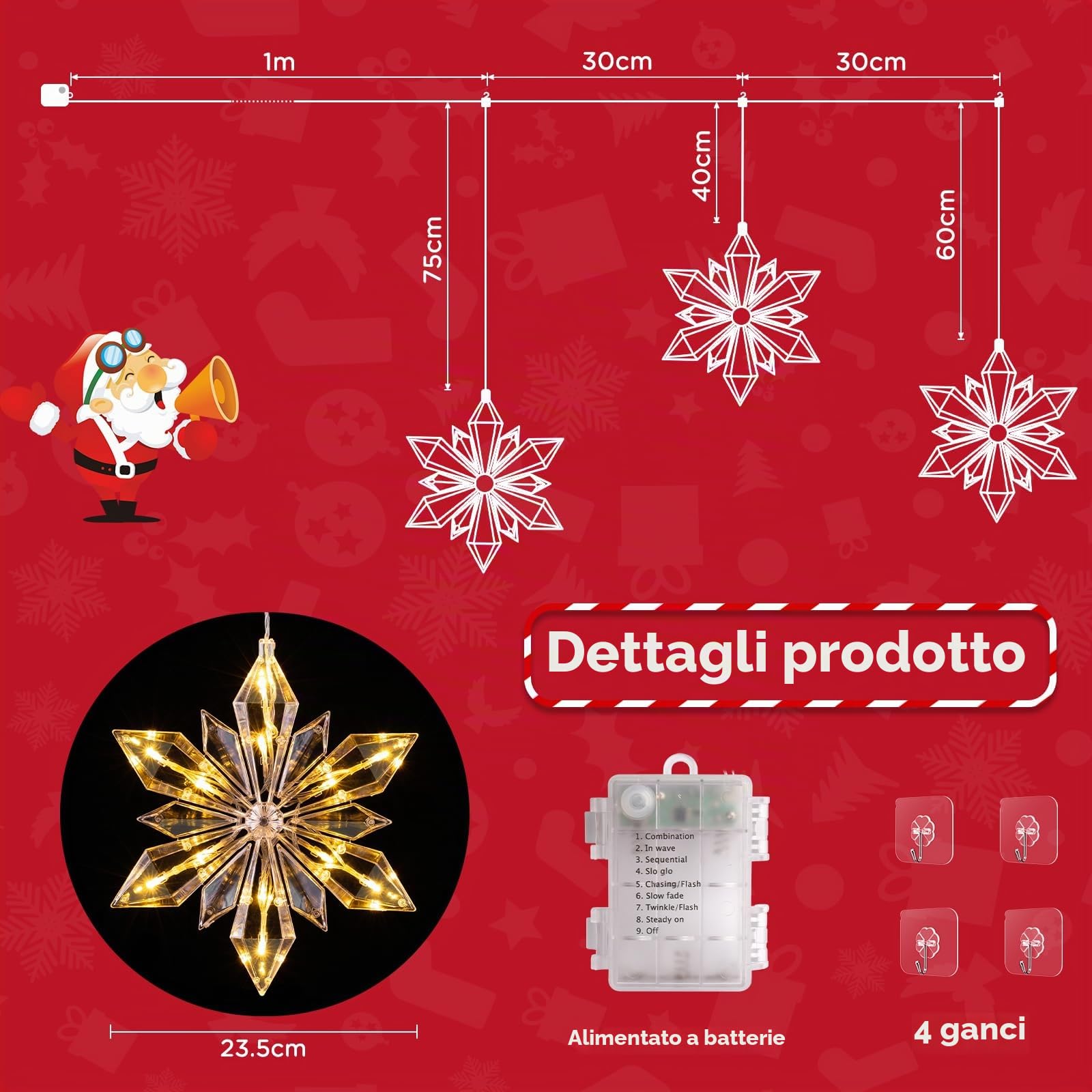 Globalink Luci Tenda Natale, Fiocco di Neve Luci Di Natale da Esterno, Tenda Luci Natale Interno con 43 Leds, 8 Modalità con Timer per Vetrina Camera da Letto Da Giardino-3 Strisce-Bianco Caldo