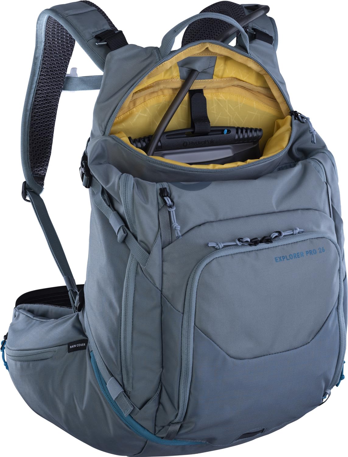 EVOC EXPLORER PRO 26, plecak (dla krótszych pleców, AIR FLOW CONTACT SYSTEM, pas biodrowy AIRO FLEX, w tym komora na bukłak do 3 l i pokrowiec przeciwdeszczowy, jeden rozmiar), stalowy