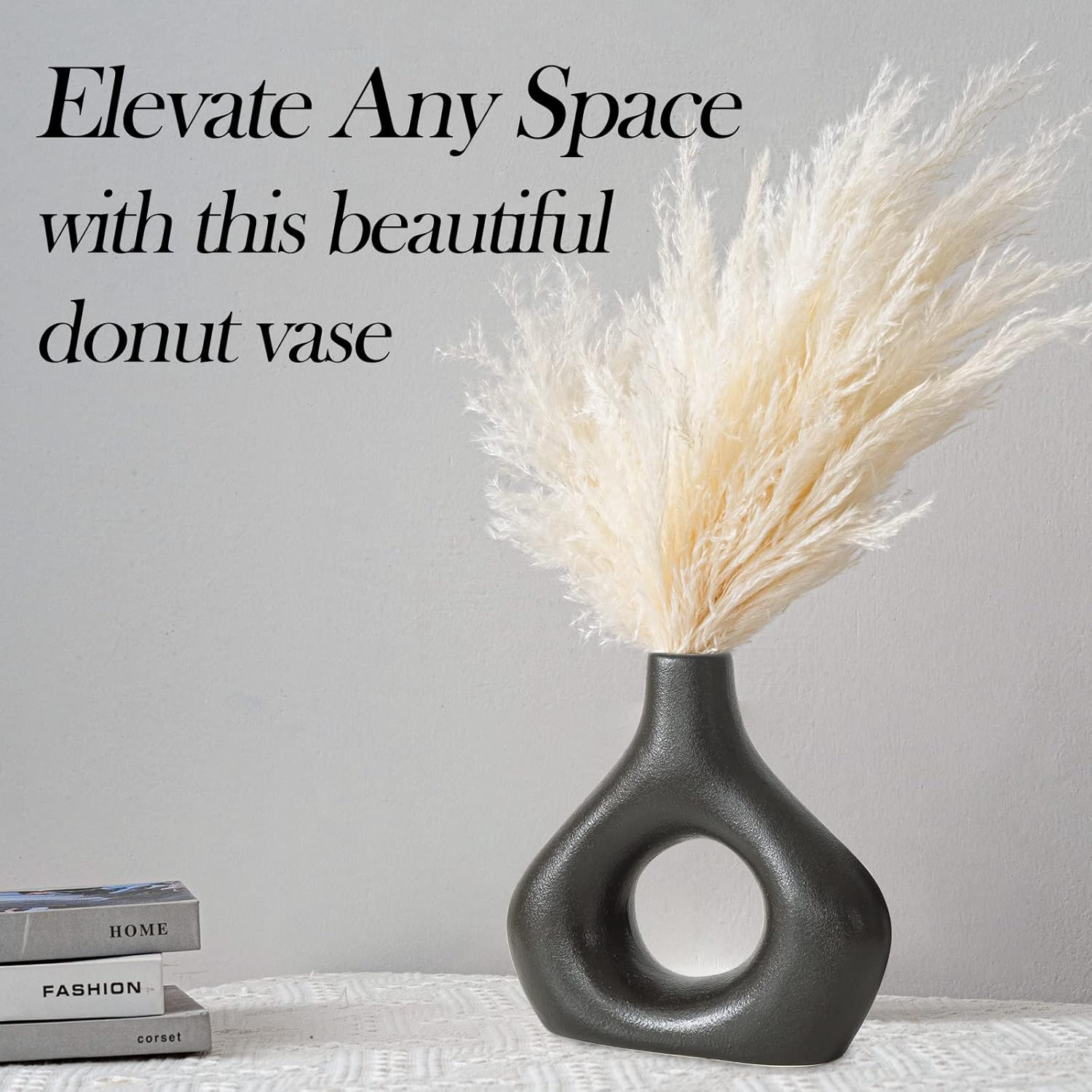 BLACK Ceramic Vase Set of 2 for Modern Home Decor, Round Matte Donut Vases for Pampas Grass, Neutral Boho Nordic Minimalism Style Flower Vases for Living Room Wedding Dinner Table Party Office Bedroom