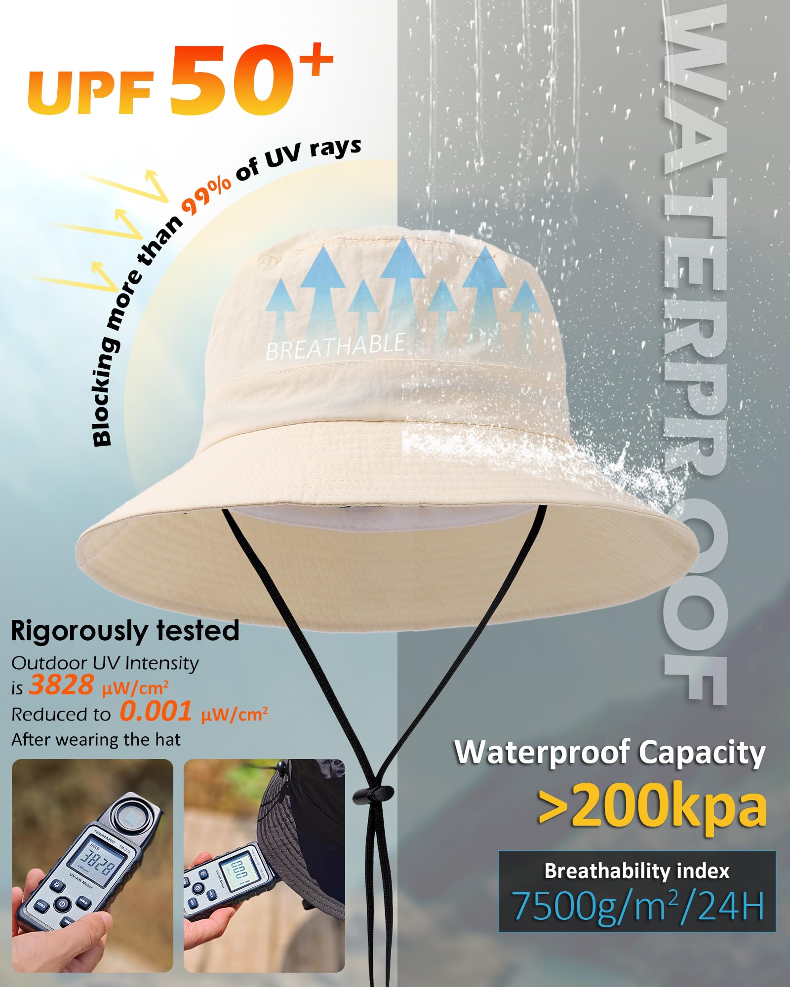 Waterproof Bucket Hat for Women Men Rain Hat UPF 50+ Wide Brim Boonie Sun Hat Foldable Summer Floppy Beach Fishing Safari Hats Light Beige