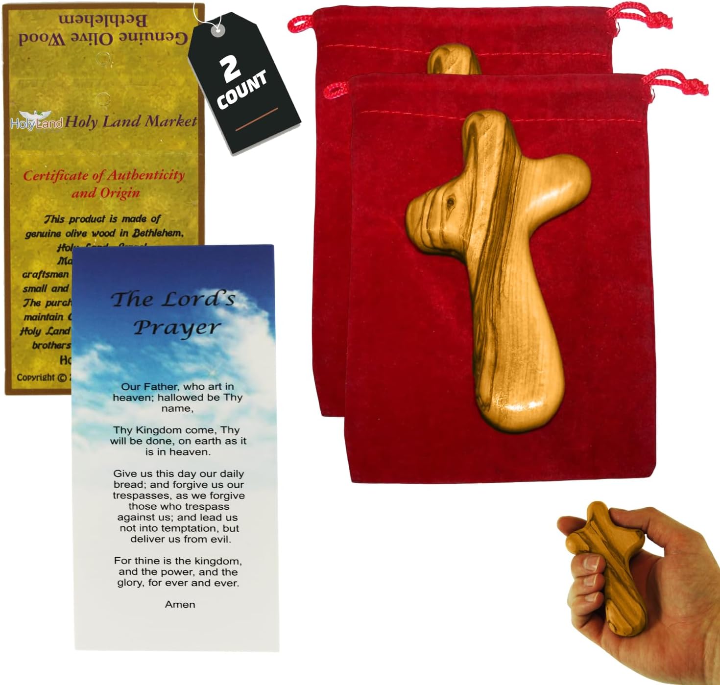 Holy Land Market Comfort/Holding Cross Also Known as Palm or Hand Cross With Velvet Bag And Two Certificates (4 Inches) (2)