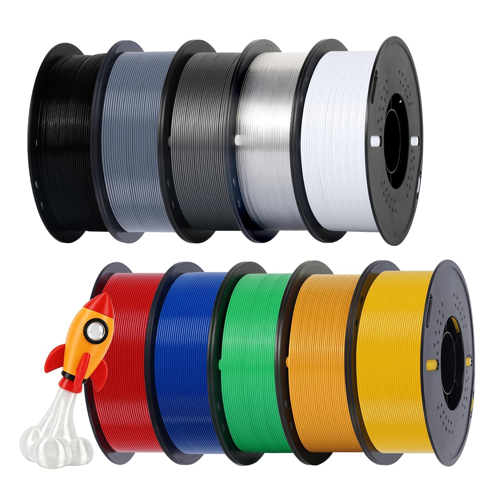 Kingroon PETG - Filamento para impresora 3D, 10 rollos, precisión dimensional +/- 0.03 mm, carrete de 2.2 libras, 1.75 mm, 10 kg, diez colores negro, blanco, gris, rojo, azul, verde, amarillo,