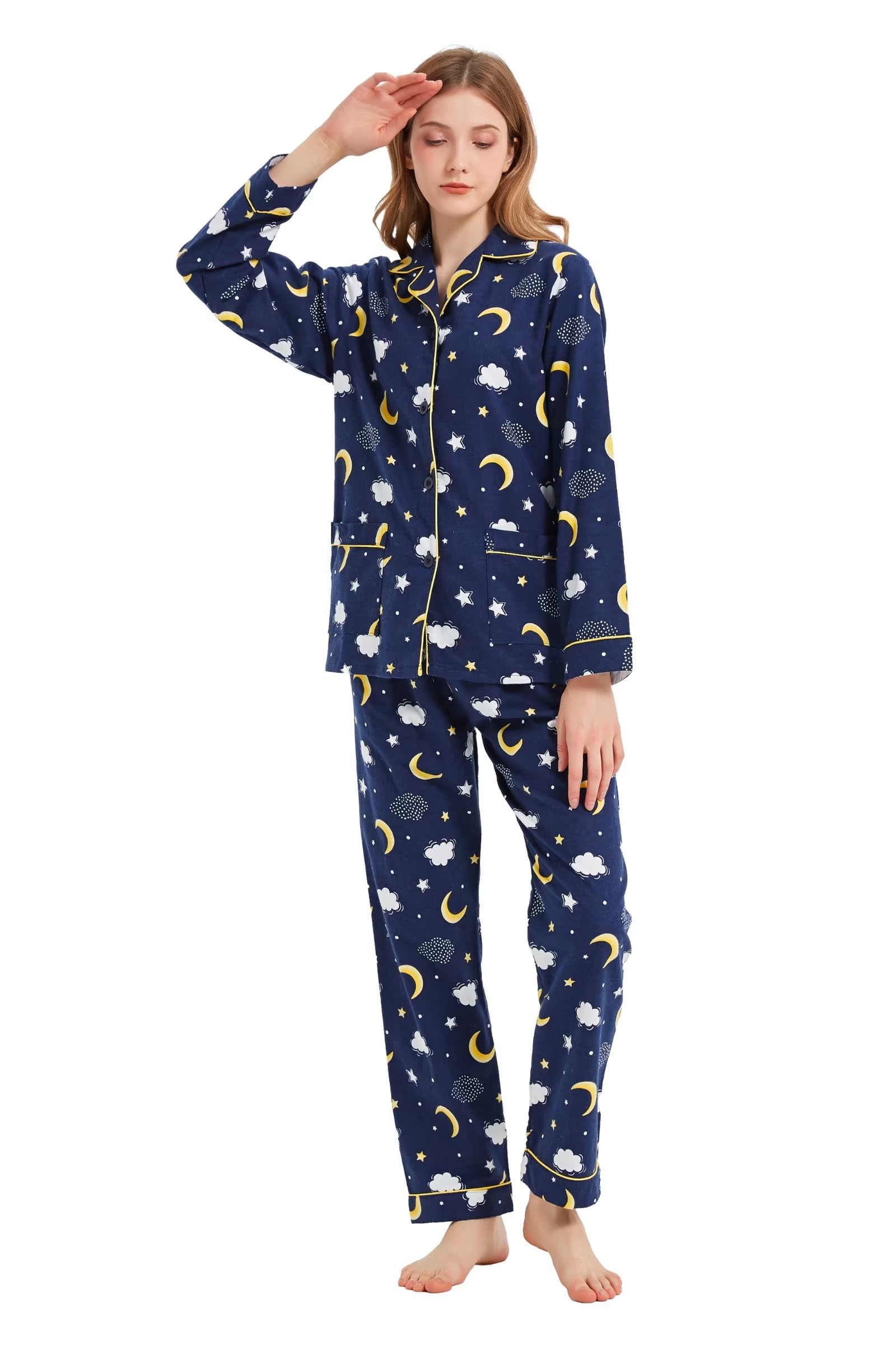 Pigiama da donna, 100% cotone, in flanella, comodo pigiama invernale con coulisse in vita