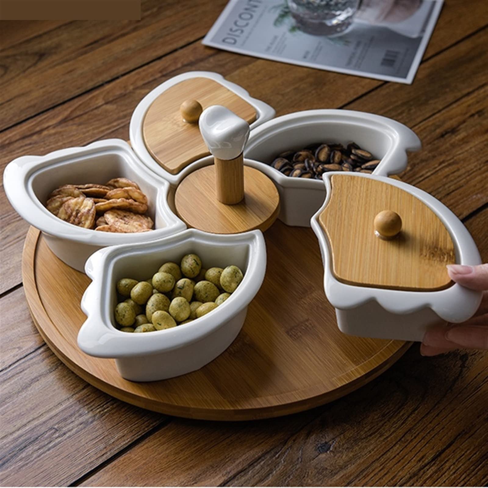 Snack-Serviertablett, weiße Keramik mit Drehteller, Obstteller mit fünf Gittern und Holzdeckel, drehbarer Snack-Nuss-Teller, Dessert-Snack-Tablett, Obstteller-Set, Vorspeisentablett (Farbe: