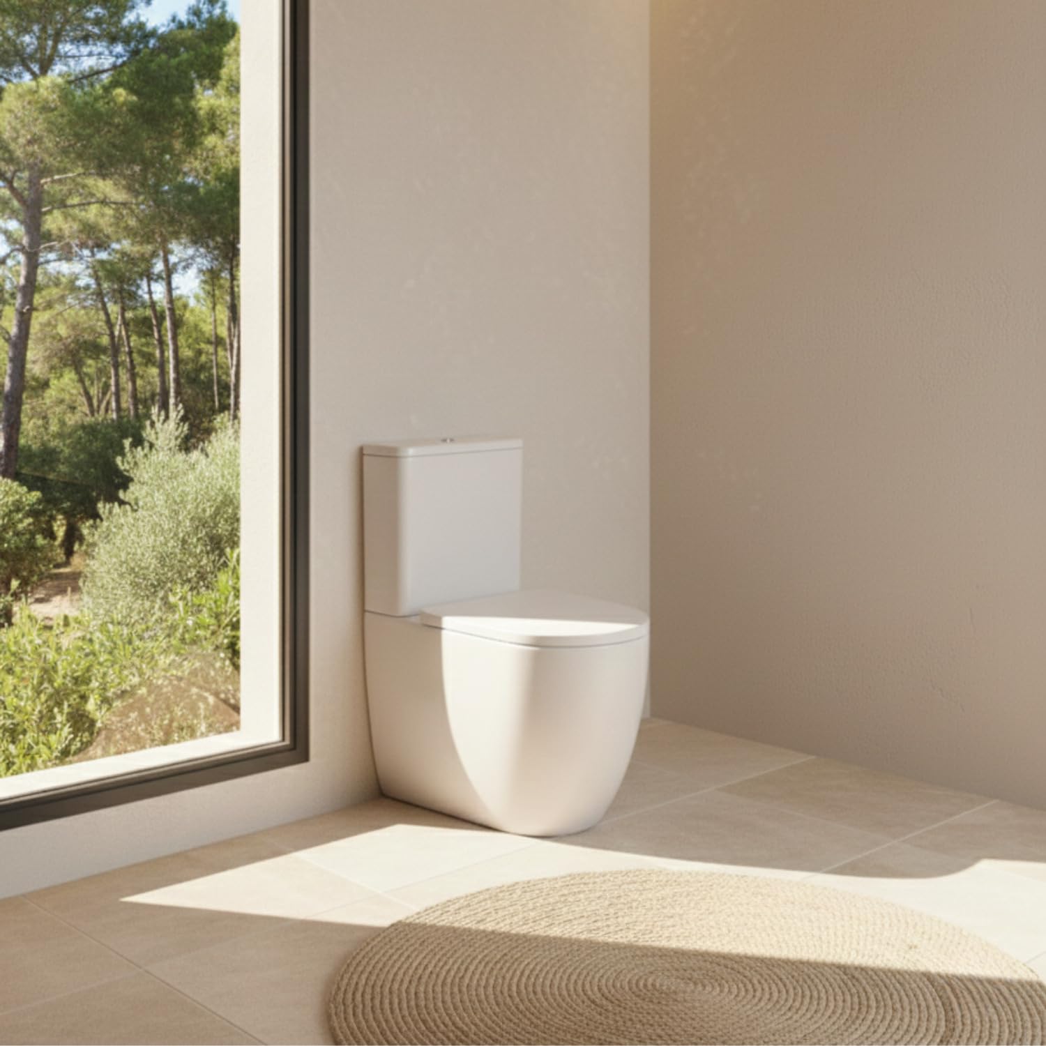 SOULHOME Pack Inodoro Completo Rimless Curvo Blanco Brillo | Tapa Amortiguada | Salida Horizontal/Vertical | Doble Descarga Eco | Pulsador Dorado
