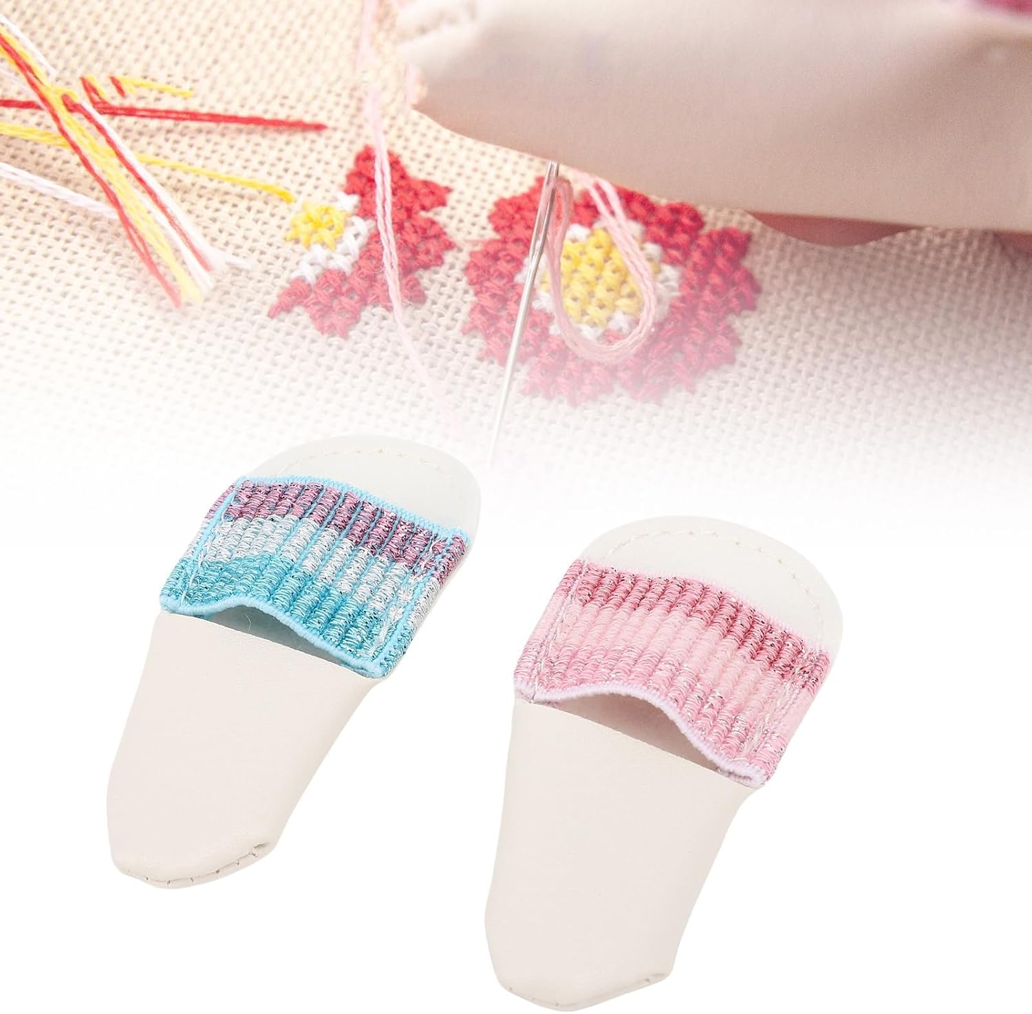 2pcs Leather Thimbles for Hand Sewing, Elastic Breathable Finger Protectors for Quilting Embroidery Crafting Adjustable Finger Guard for Needlework Safety