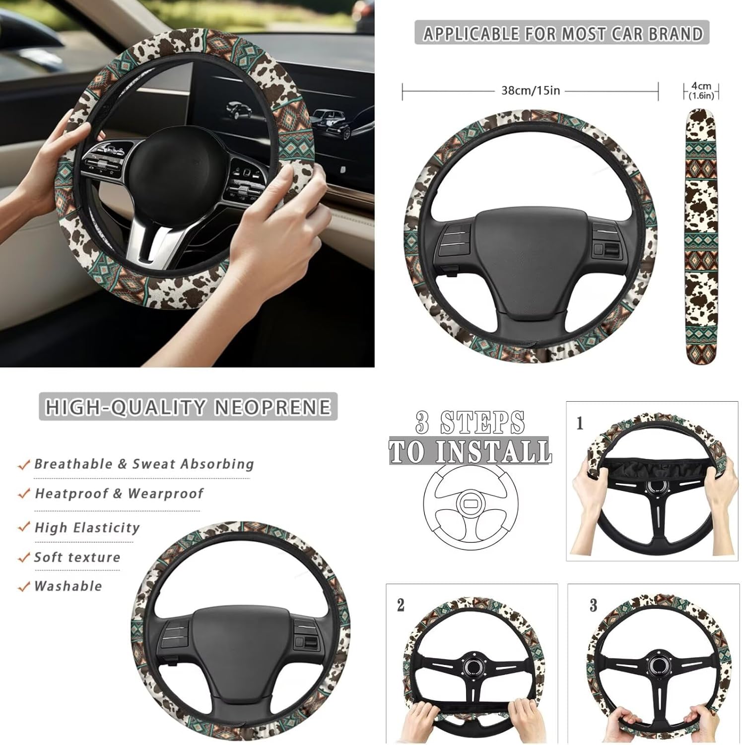 Horeset Cow Print Aztec Car Seat Cover Full Set 13 Pieces Car Steering Wheel Accessories Armrest Cover Auto Seat Belt Cover Key Ring and Coaster Lipstick Cover Universal for Auto Car SUV