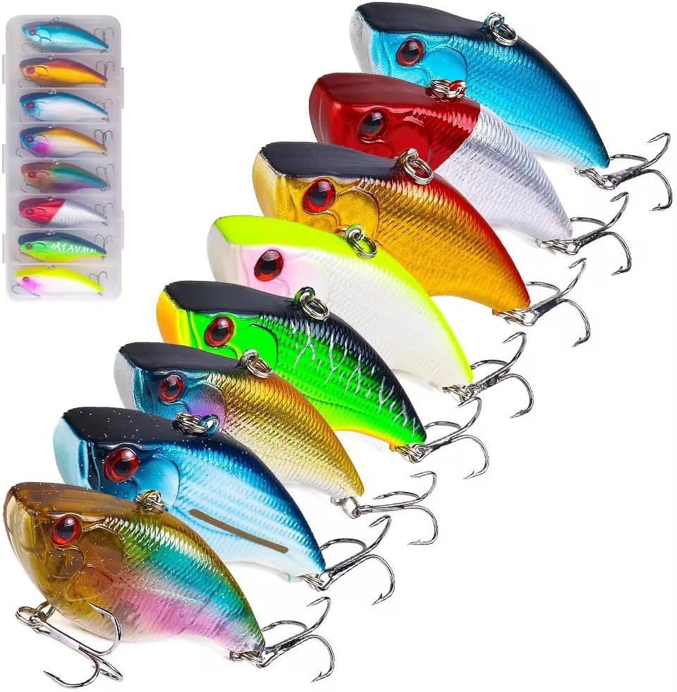 8-Piece Lipless Crankbait Vib Fishing Lure Set with Tackle Box - Rattle Bait VIB Lures for Freshwater and Saltwater Bass Fishing - Vibrating Hard Baits with Treble Hooks | Thrive Tackle
