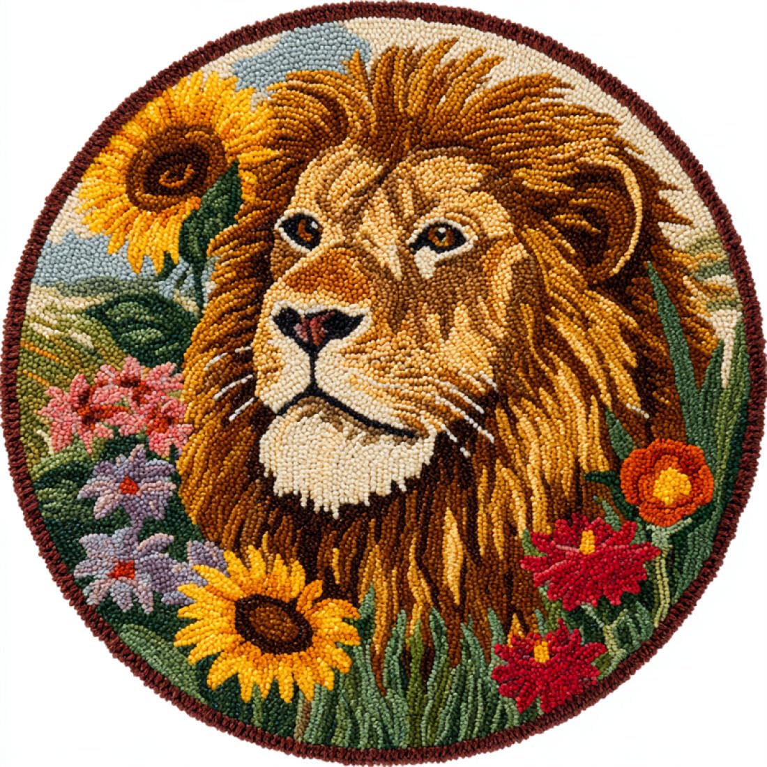 Rqwybcaxn DIY Latch Hook Rug Kit for Beginners Animal Crochet Starter Kit Lions and Flowers 60x60cm Round Tapestry with Crochet Hook Bedroom Craft Gift