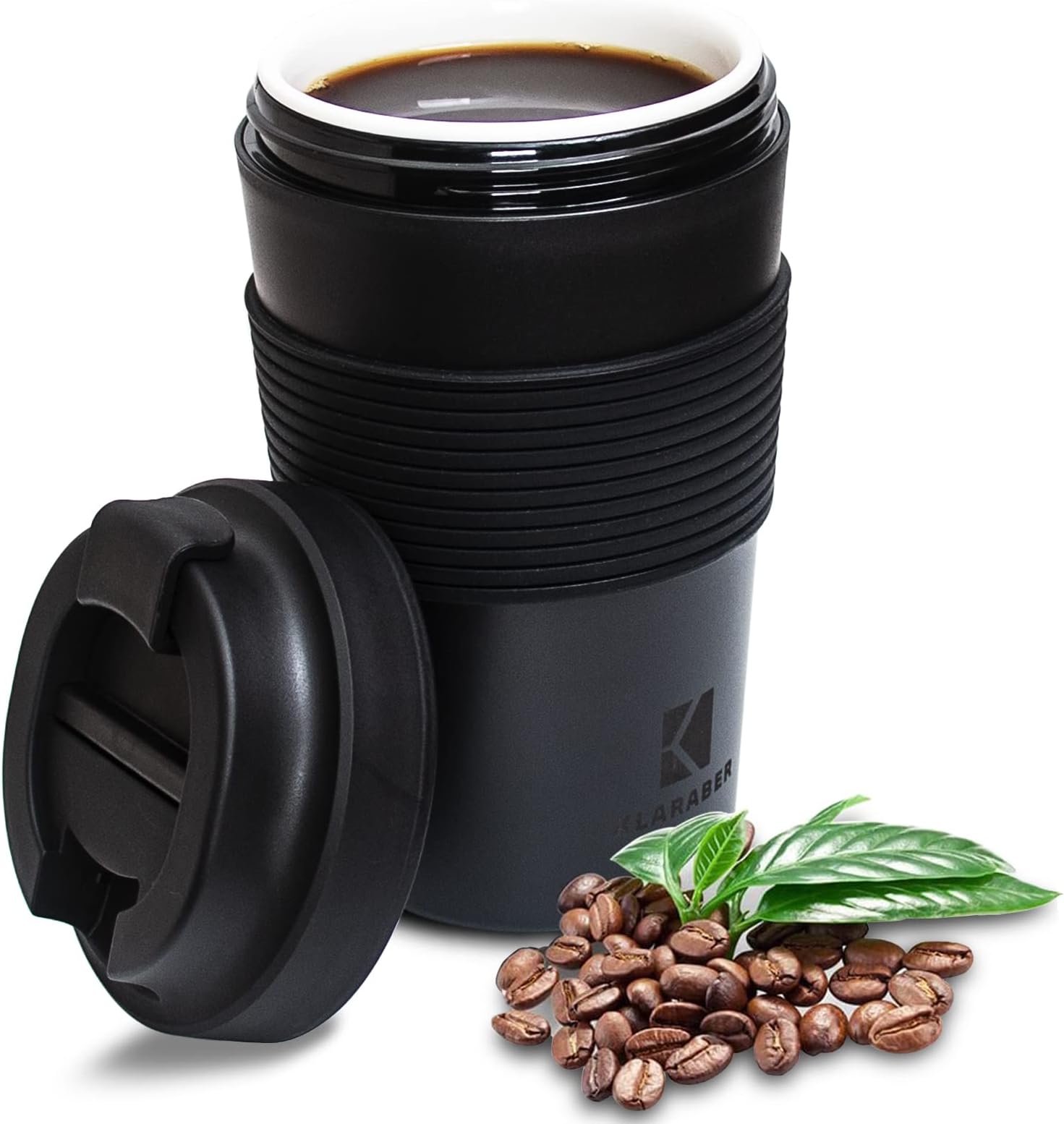 Ceramic Travel Mug, Reusable Coffee Cup with Ceramic Lining, Insulated Ceramic Coffee Cup, Leak-Proof, Environmentally Friendly Travel Mug for Ceramic Mug Fans (350 ml, Black)
