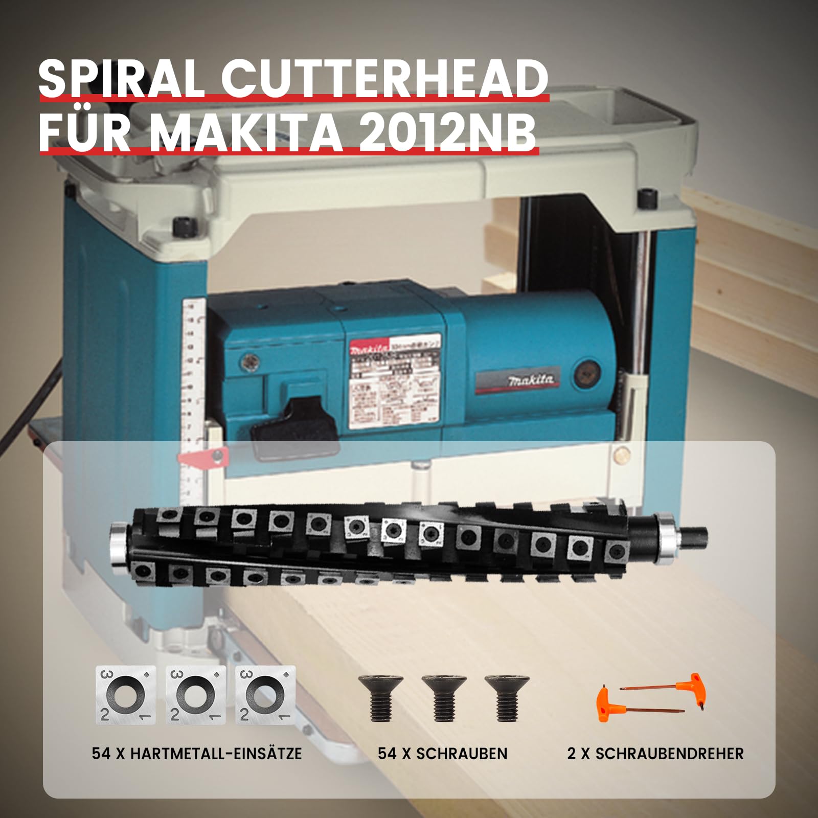 FindBuyTool Spiralmesserwelle für Makita 2012NB Dickenhobelmaschine, 12'' (304 mm) Helical Cutterhead mit 4-Reihen Spiraldesign, Hobelwelle mit 54 Hartmetall, Geräuscharm & Verbesserte Spanabfuhr