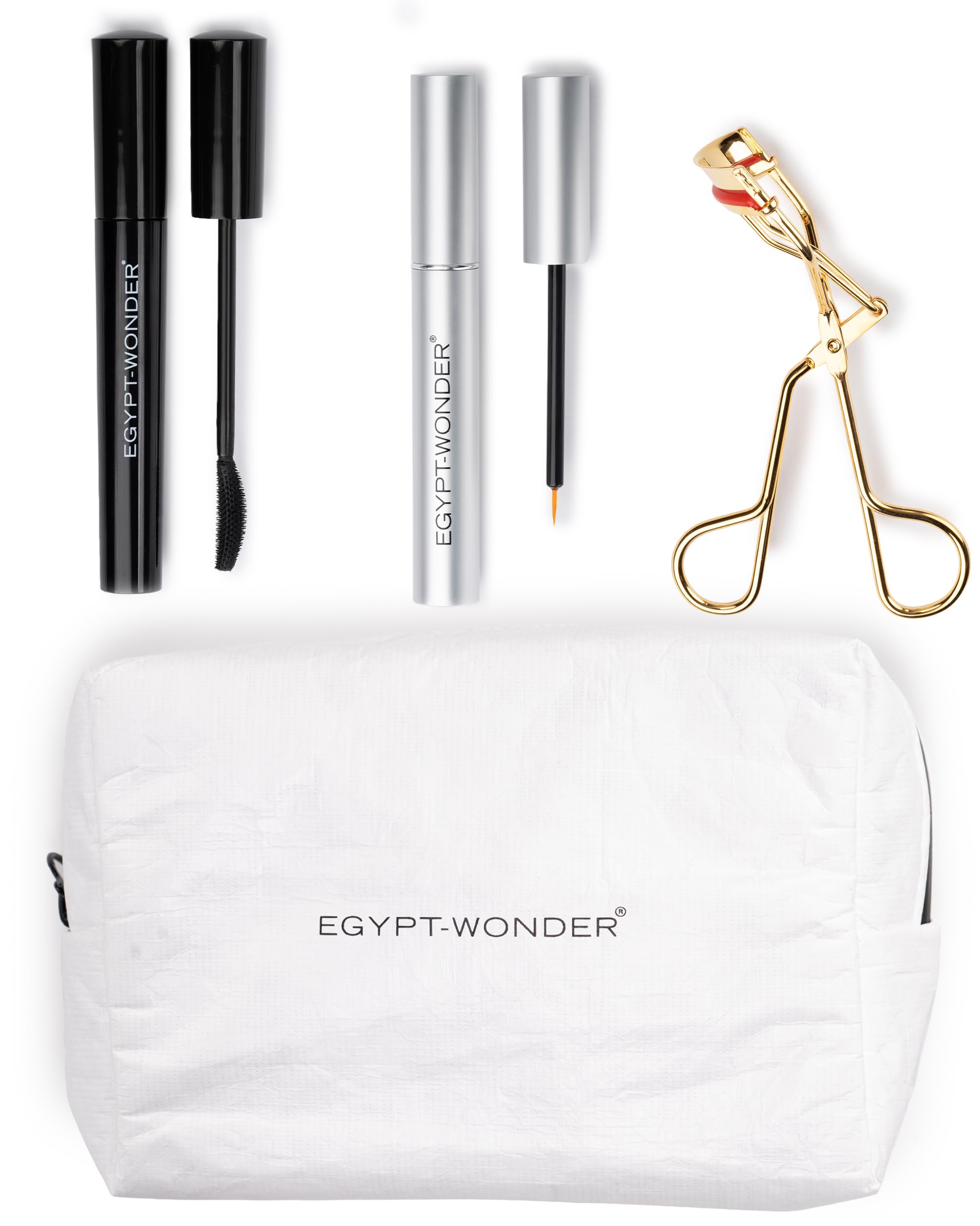 EGYPT-WONDER Beauty Set – Wasserresistente Mascara 8,5 ml, Lash Serum 5 ml, Goldene Wimpernzange mit 3 Ersatzpads & Kulturbeutel – Wimpern Styling & Pflege Set