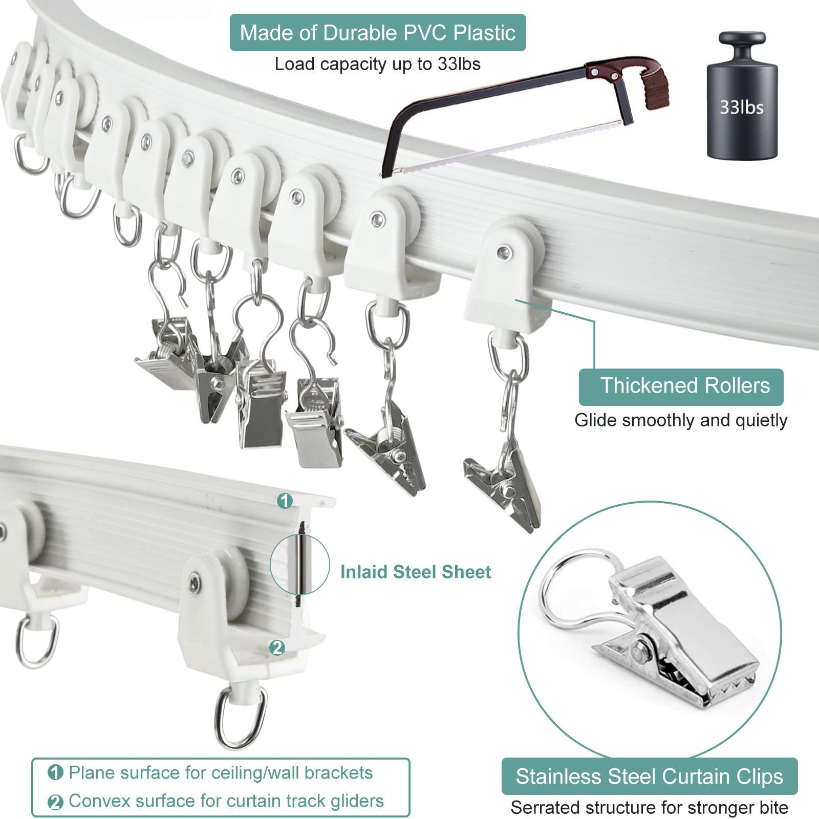 Rail De Rideau De Plafond Incurvé 3m Blanc - Flexible Pour Baie Vitrée/fenêtres Angulaires - Kit Complet (18 Rouleaux, Supports, Vis)