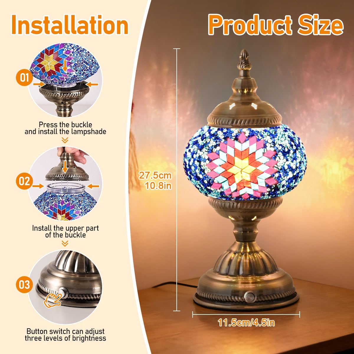 Portable Rechargeable Turkish Bronze Base Table Lamp with 6000mAh Battery, Handmade Moroccan Tiffany Style Colorful Mosaic Glass Night Stand Light Fixture for Living Room Bedroom Decor