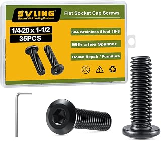 SVLING 35PCS 1/4-20 x 1-1/2" Flat Head Hex Socket Cap Screws, 304 Stainless Steel Black Zinc Bolts, Fully Threaded with Hex Spanner