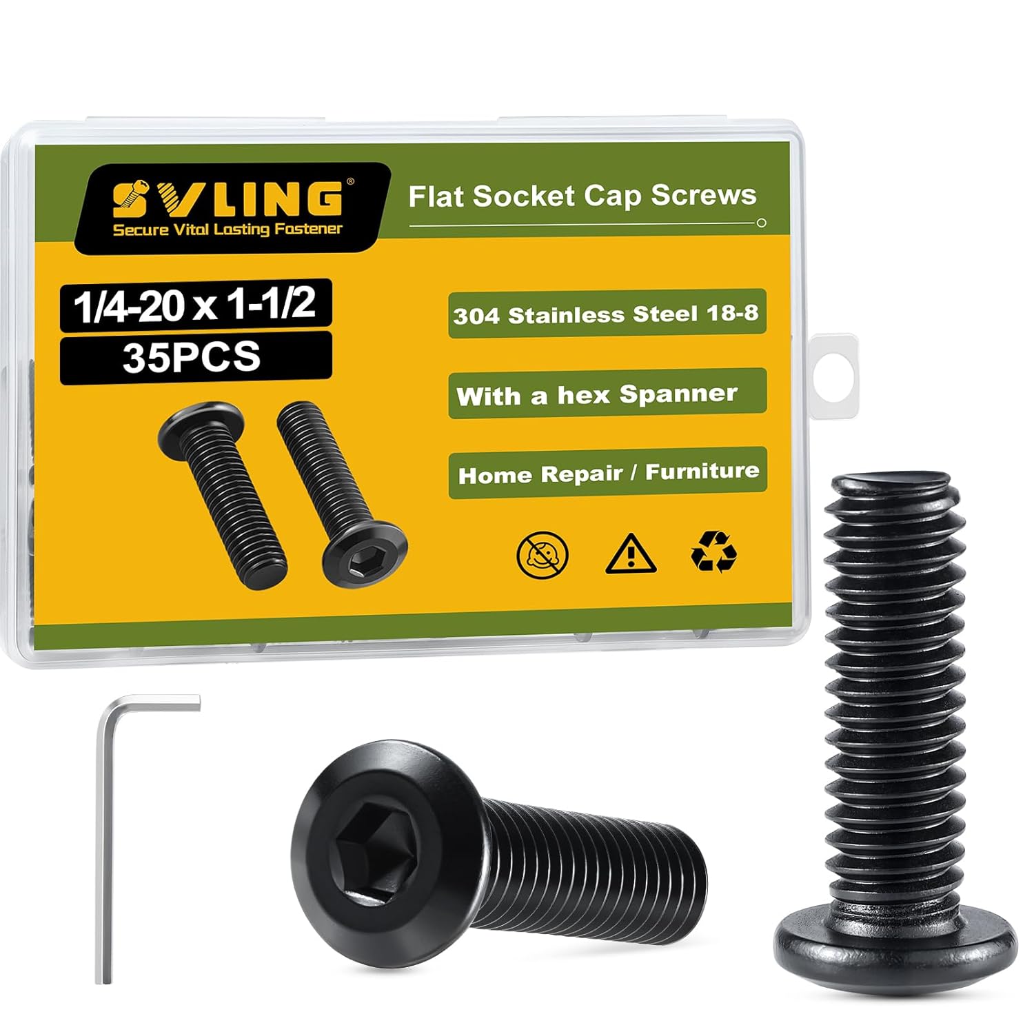 SVLING 35PCS 1/4-20 x 1-1/2" Flat Head Hex Socket Cap Screws, 304 Stainless Steel Black Zinc Bolts, Fully Threaded with Hex Spanner
