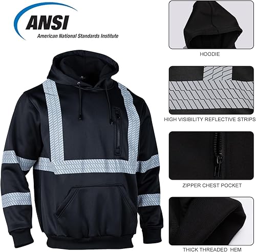 Miniatura 4 de VENDACE Hi Vis - Sudadera con capucha reflectante de seguridad para hombre, ANSI Clase 3, de forro polar, de alta visibilidad, color negro, talla L