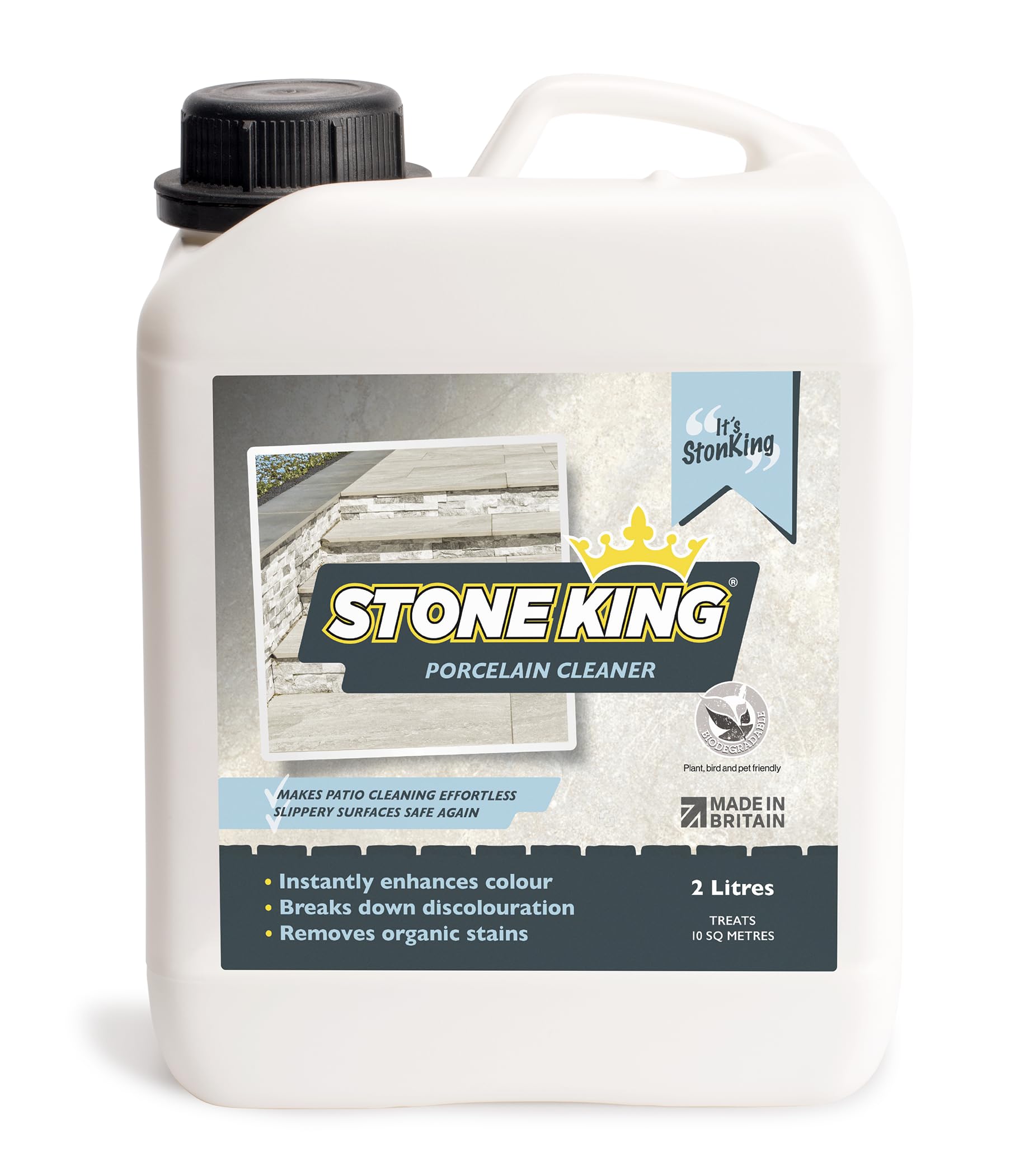 Stone King Porcelain Tile Cleaner – Deep Cleaning Tile Restorer for Patios, Paths, Walkways – Removes Stains, Dirt, Green & Red Algae, Black Lichen, White Fungi – Surface Treatment, 10 SQM, 2 Litre