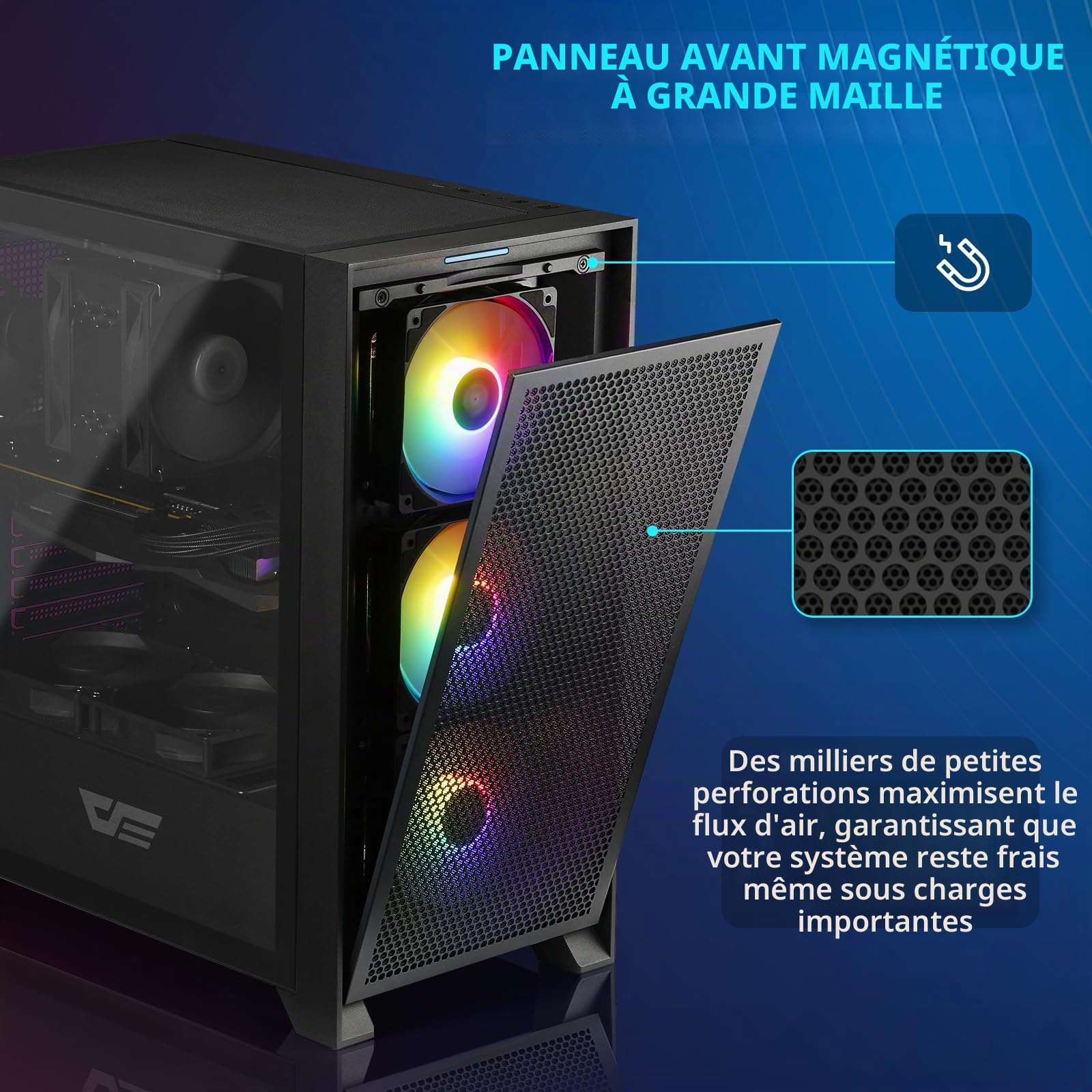 darkFlash ATX DRX70 Boîtier PC PC de Jeu pré-installé avec Panneau Avant en Maille et Panneau latéral en Verre trempé 3 x 120 mm Noir