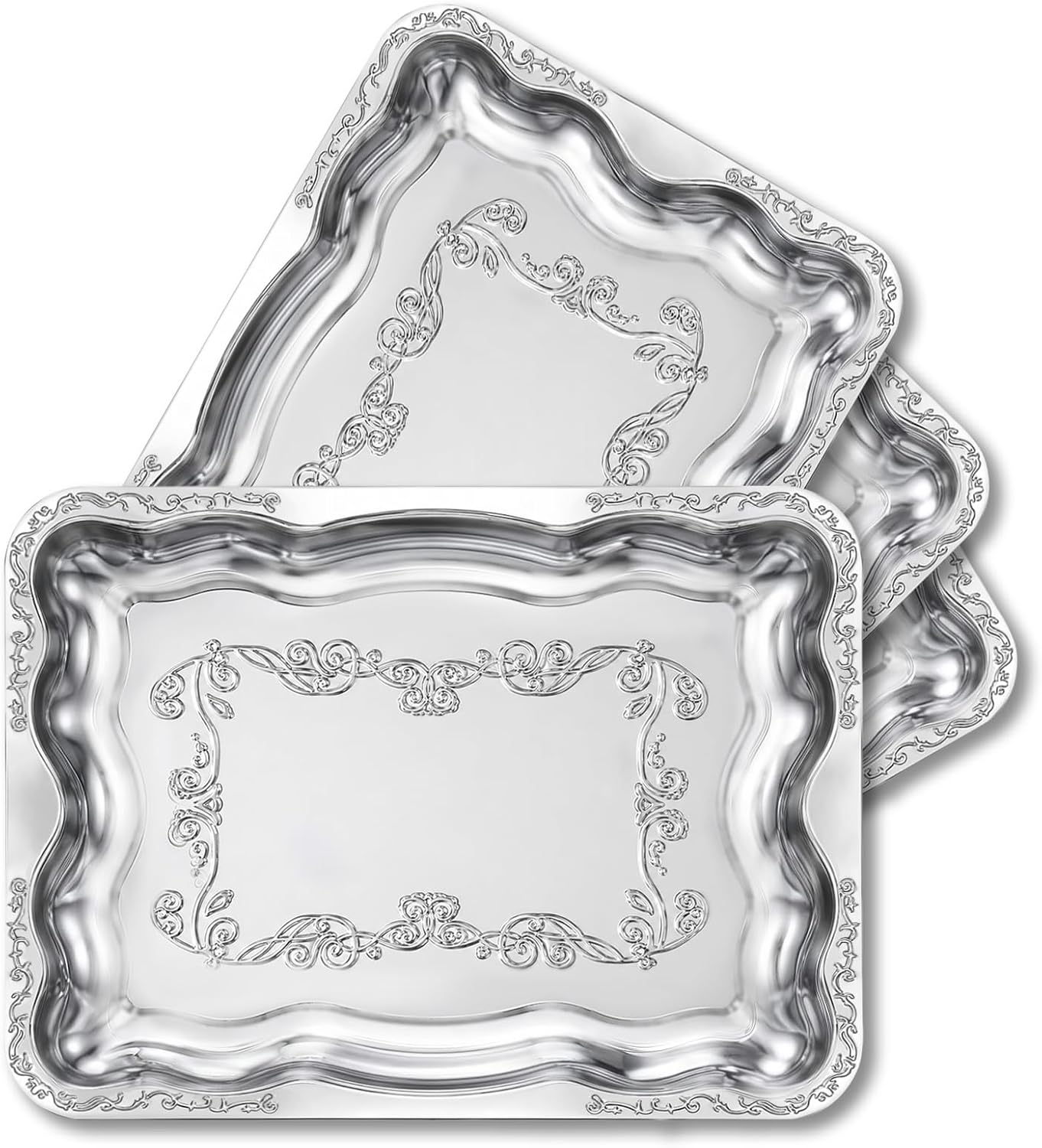4 Pack Large Silver Serving Trays, Elegant Floral Silver Serving Platter for Party Decoration Buffet Wedding Festive Occasions 15.7" x 11.8"