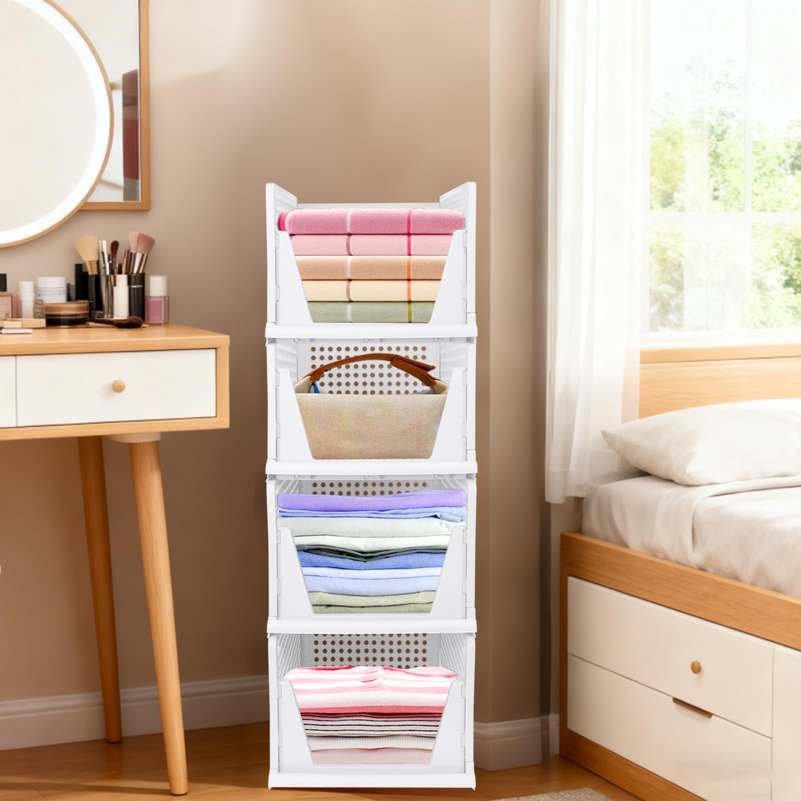 Rangement Vetement,Design perforé avec compartiments coulissants, Organisateur Armoire empilables Boite Rangement pour chambre/cuisine/salle de bain,33,5 x 43 x 96 cm,4 niveaux (25 cm) Blanc