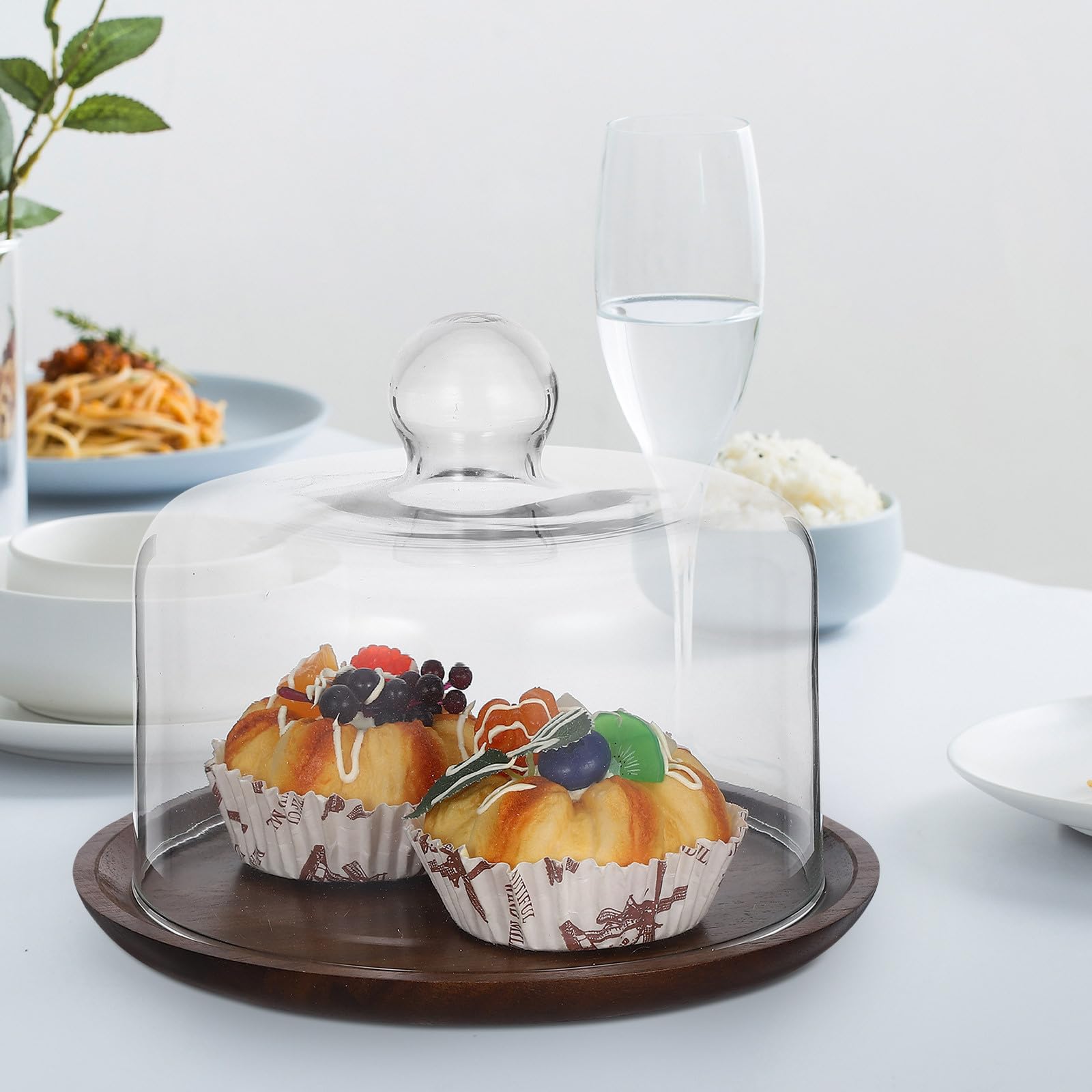 Zerodeko Bandeja para Pasteles con Cúpula de Vidrio y Base de Madera, Diseño Elegante, Portátil y Versátil para Exhibición de Postres en Fiestas