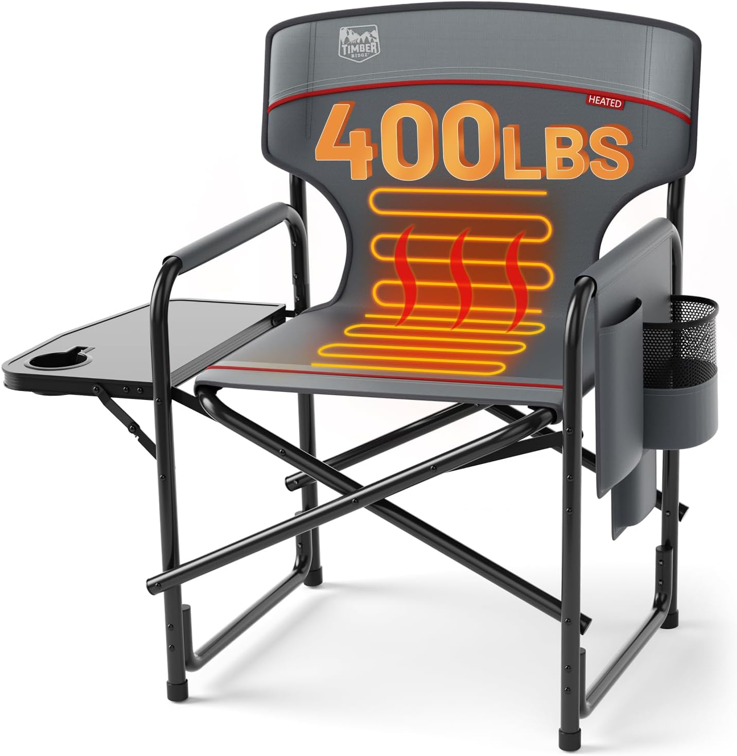 TIMBER RIDGE Heated Aluminum Oversized Camping Chair, Lightweight Portable Directors Chair with Side Table Detachable Side Pocket for Outdoor Camping, Lawn, Picnic, Support 400lbs Gray Grey With Heating Heated