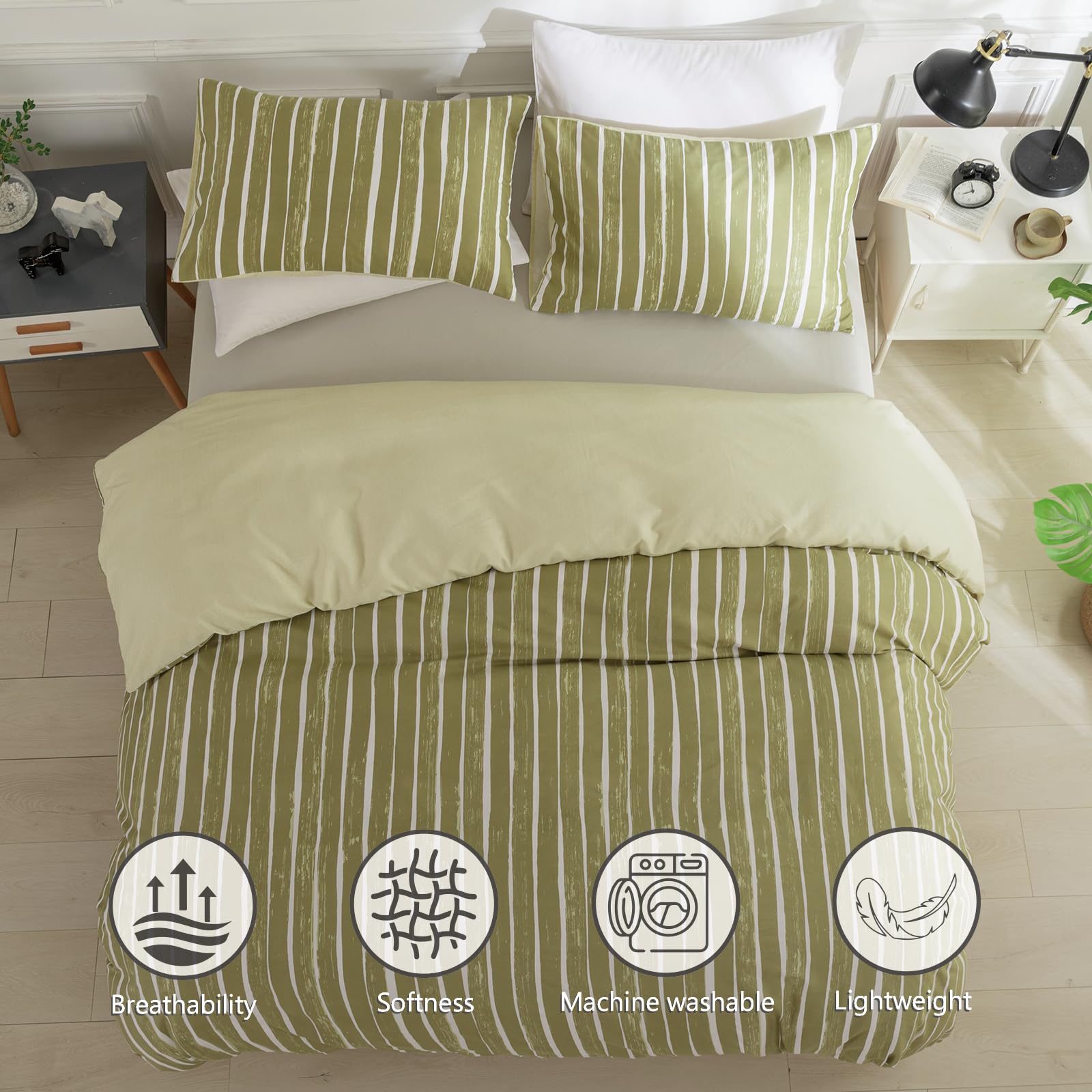 TTCM Double Duvet Set, White and Coffee Stripe Double Duvet Cover Set Soft Microfibre Polyester Bedding Set, 3 Pieces - Image 3
