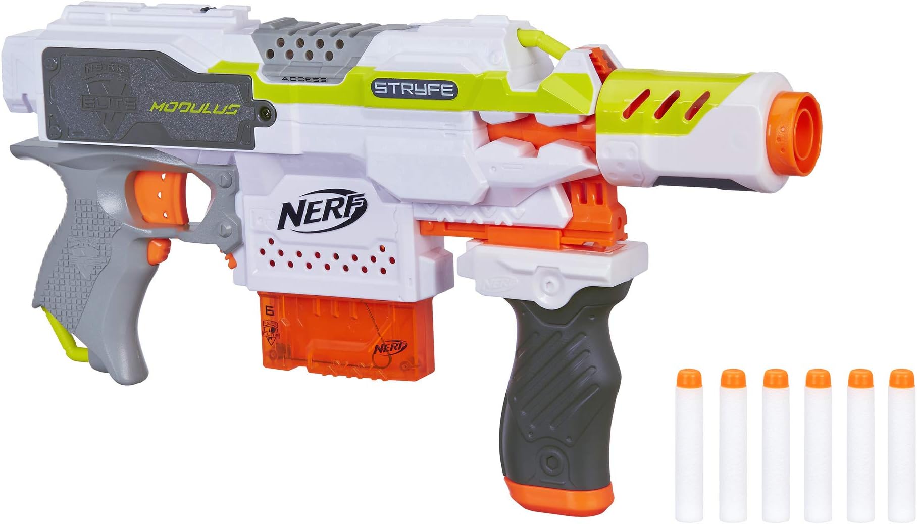 Modulus Stryfe Motorized Blaster - Fires 6 Darts in a Row - Includes Drop Grip, Barrel Extension, 6-Dart Clip, 6 Nerf Elite Darts (Amazon Exclusive)