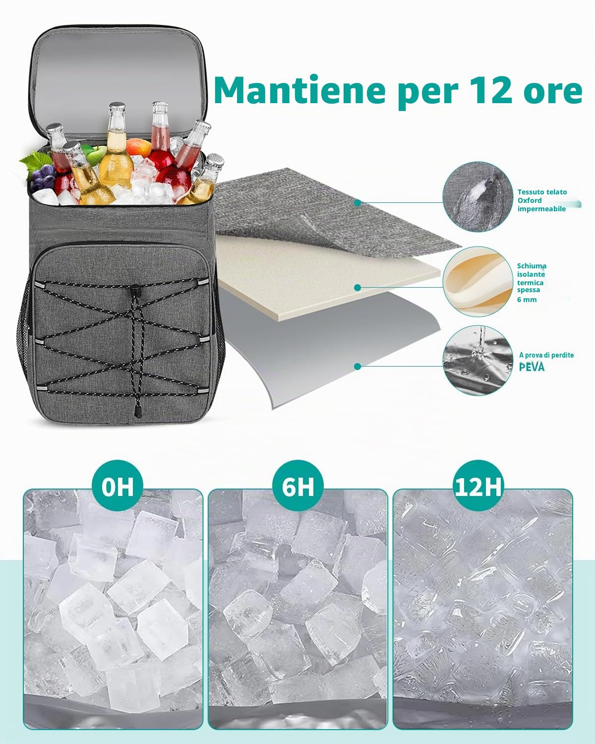 Borsa Frigo Isoterma Impermeabile 23L Zaino Termico per Mare Pic-Nic Campeggio Grigio