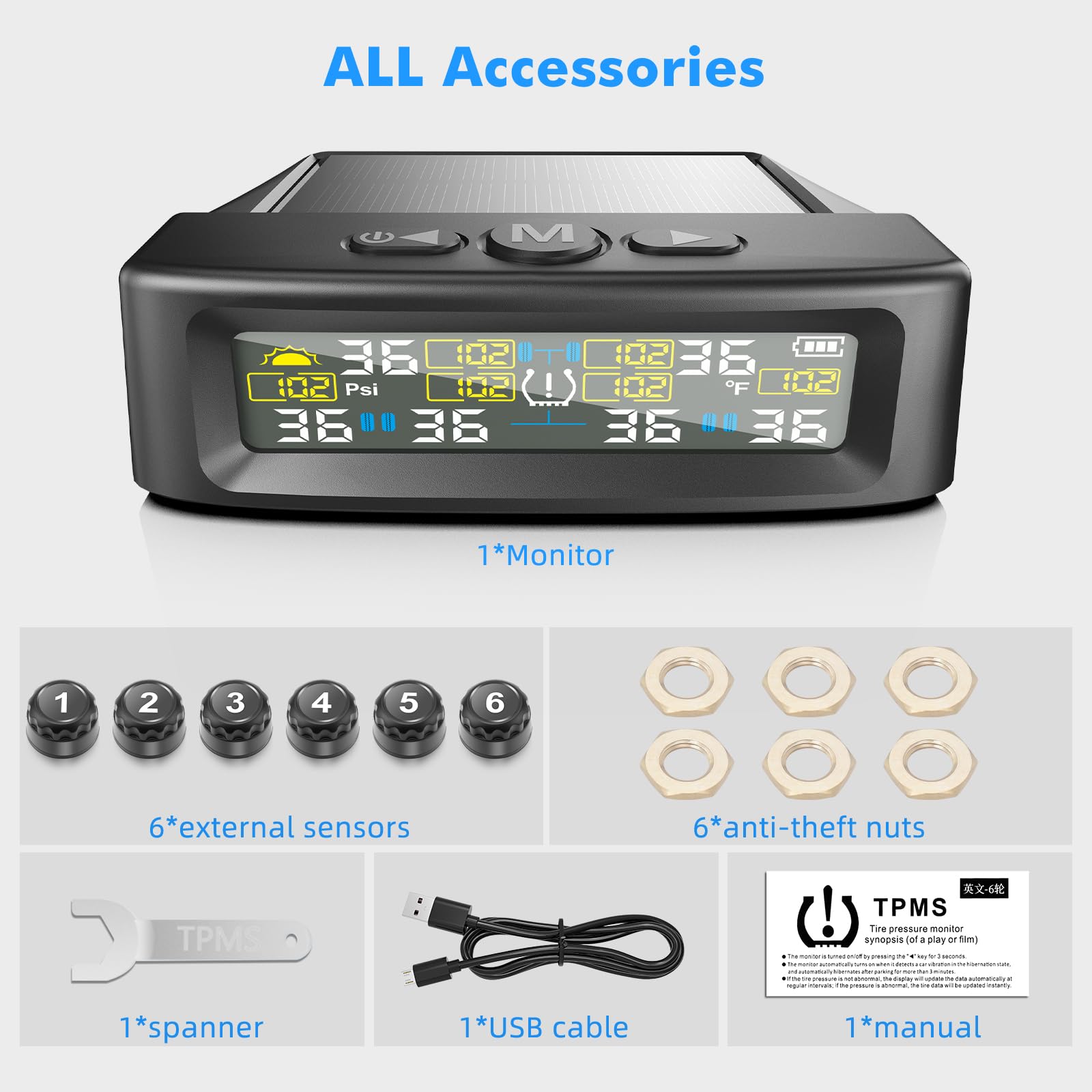 TPMS Sistema Monitoreo Presión Neumáticos, 4/6 modalità di cambiu di ruti, 9.9bar/144psi,Carga Solar/USB,6 Funciones de AlarmaparaVehículos Pesados/Caravanas/Autocares (Comercial Mejorada)