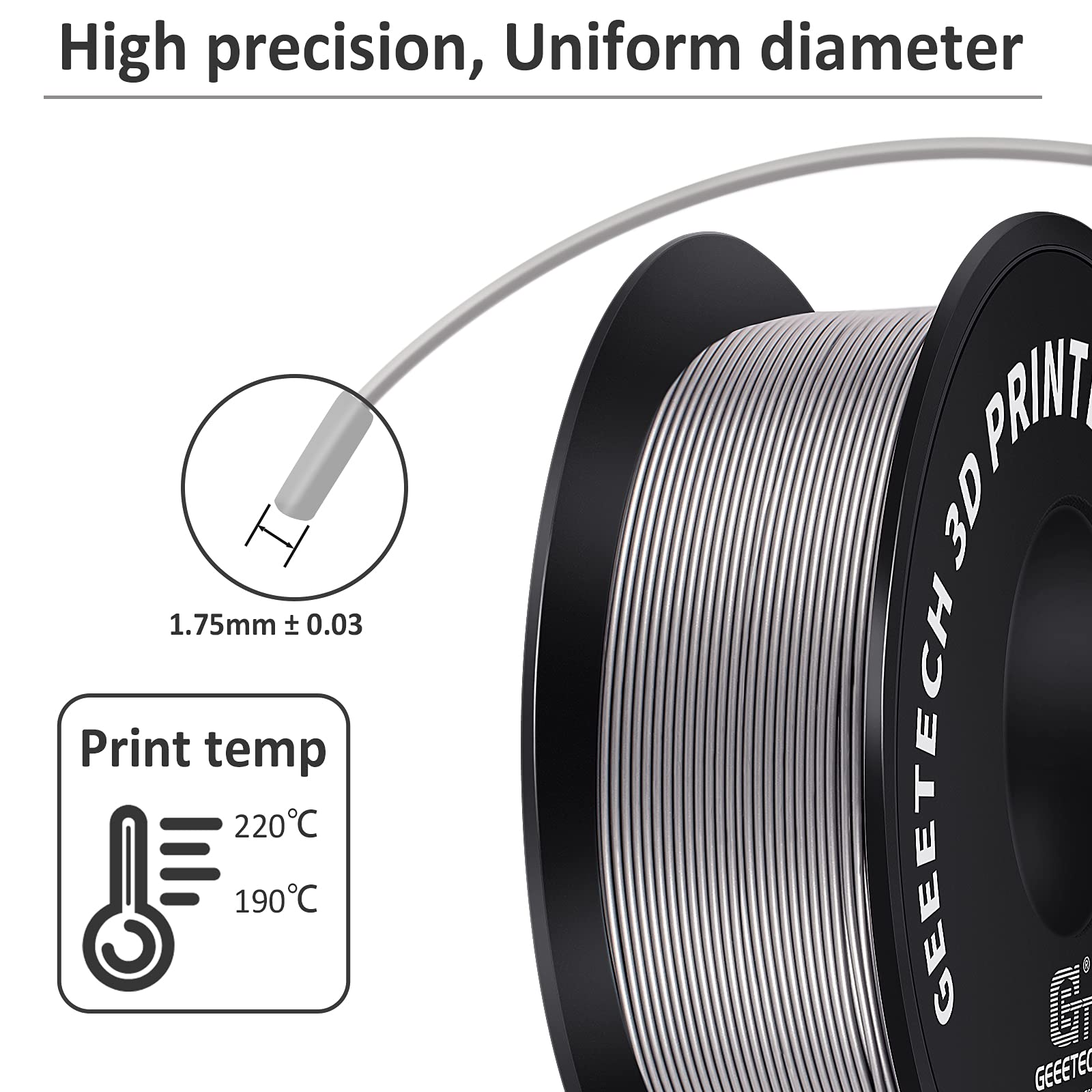 GEEETECH Filamento PLA 1,75 mm, Filamento Stampante 3d 1 kg 1 Bobina, PLA 3D Printer Filamento (PLA 1KG, Argento)