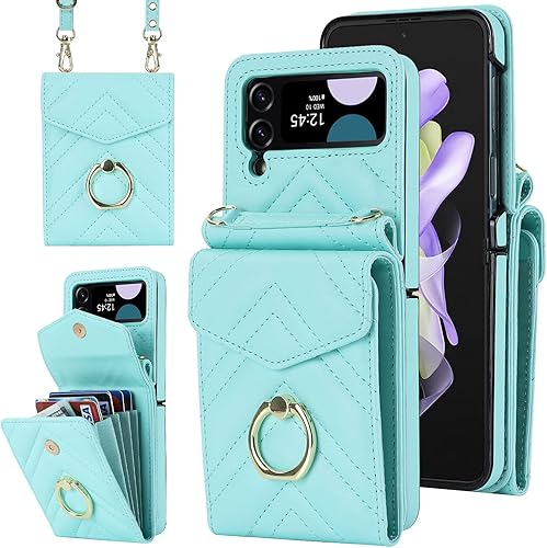 Miniatura 7 de Asuwish Funda para teléfono Samsung Galaxy Z Flip 4 5G 2022 con anillo de bloqueo RFID, correa cruzada para muñeca, soporte para tarjeta de crédito,