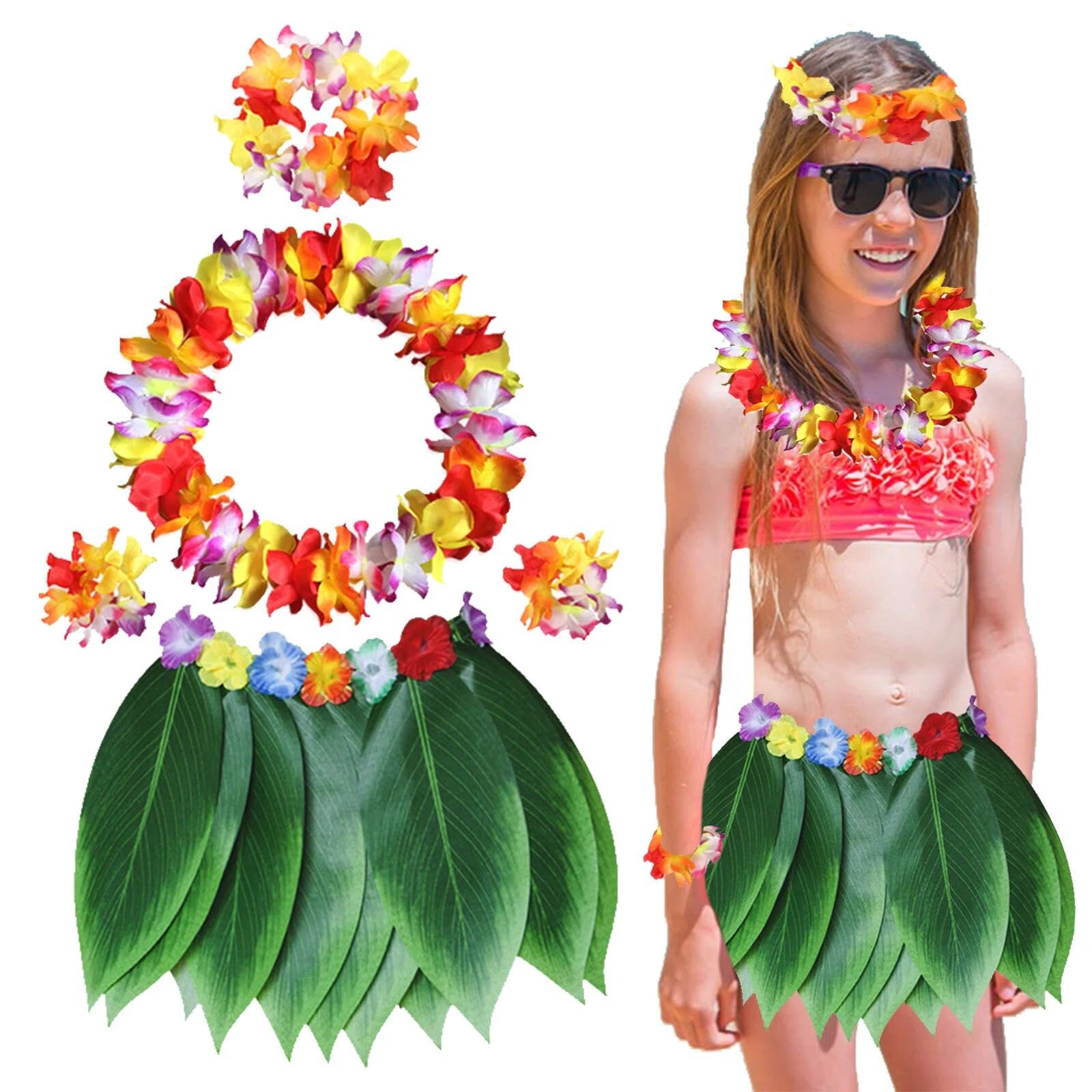 Gonna Hula Foglia Hawaiana con Collana di Fiori, Fascia, Braccialetto, Costume Festa Fancy Dress Hawaiana, Luau Gonna Hula per Bambini Adulti Festa Spiaggia Estive Danza Festa di Carnevale