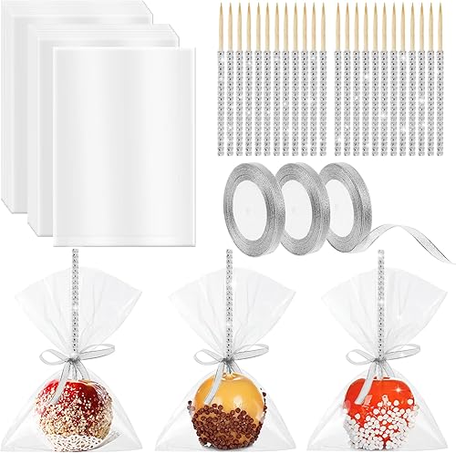 Miniatura 1 de Henoyso Juego de 100 bolsas de dulces con palitos brillantes que incluye 100 palitos de manzana de caramelo, 100 bolsas de dulces, 3 cintas con