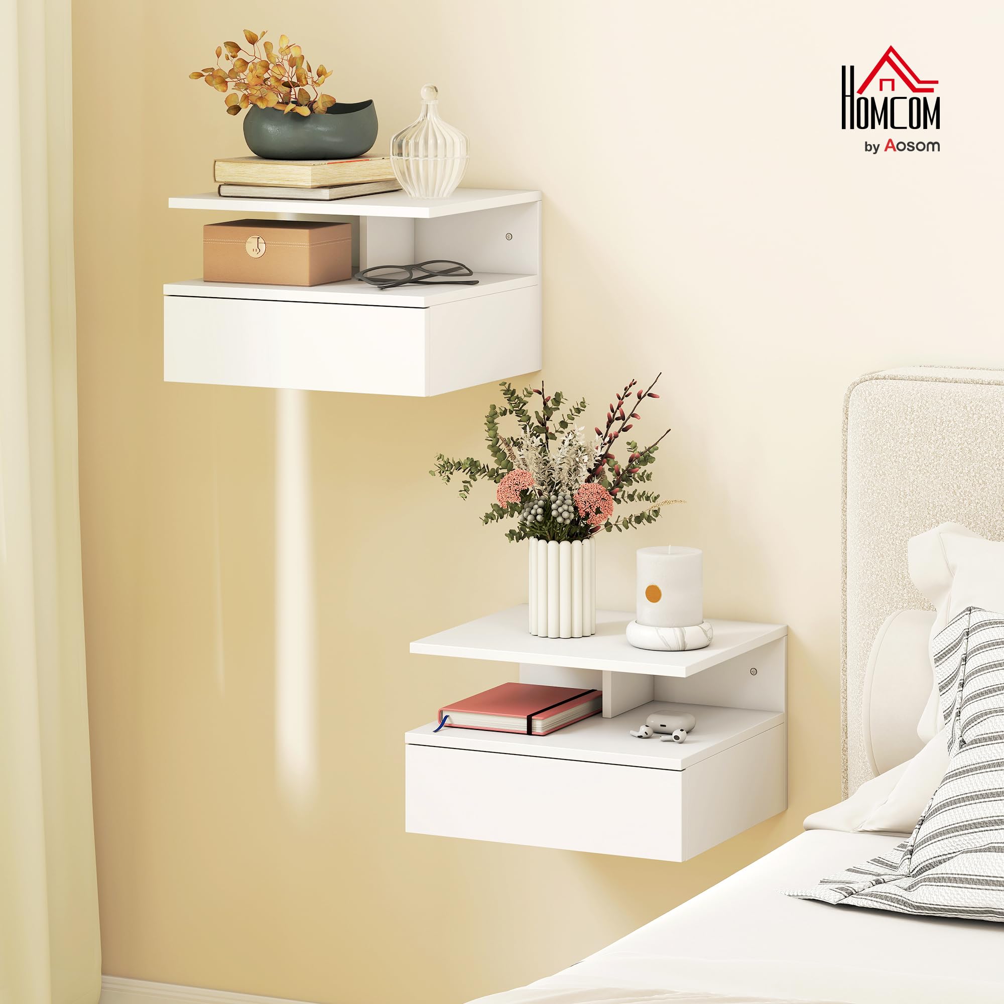 HOMCOM Set di 2 Comodini Camera da Letto Sospesi con Cassetto e Scomparto Aperto, Coppia di Comodini Moderno in Legno, Tavolini per Divano, Soggiorno, Salotto e Camera, 35x32x22.5 cm, Bianco