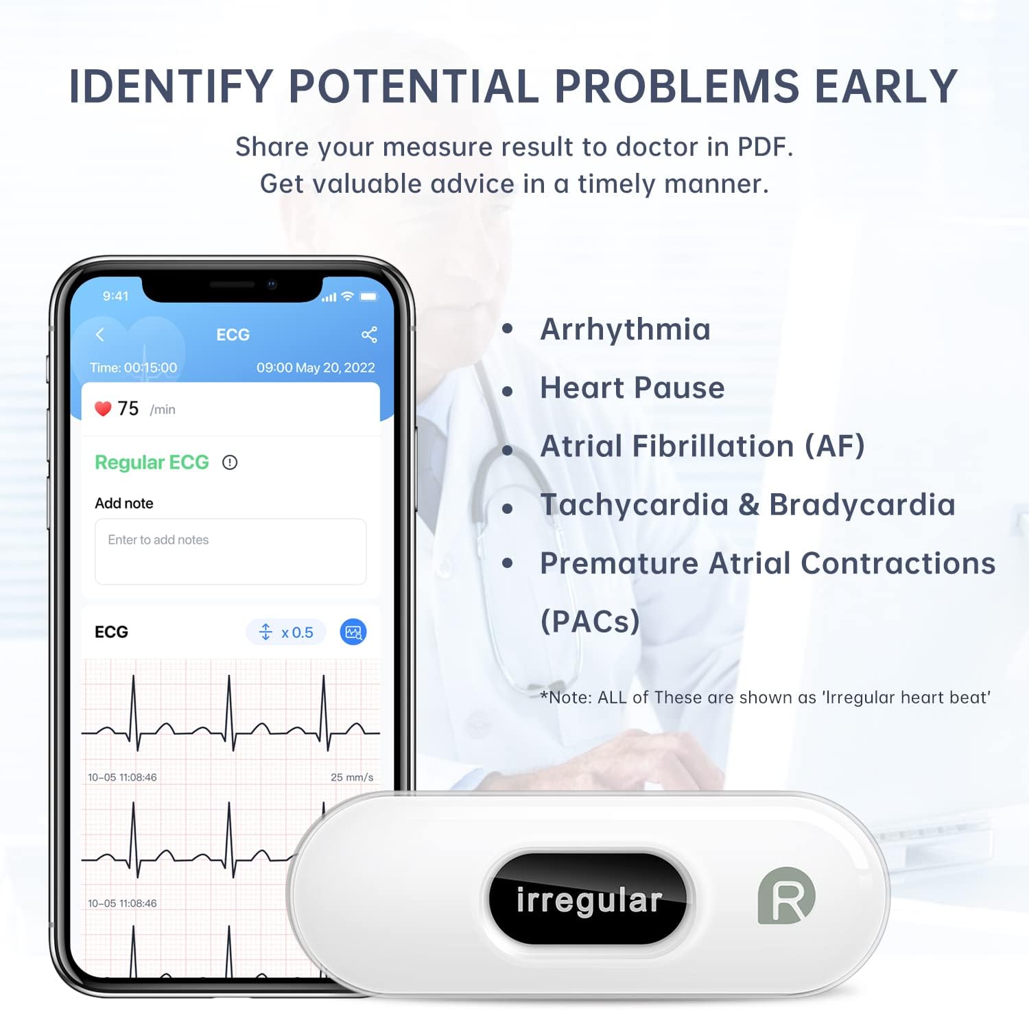 CheckMe DuoEK-S Moniteur ECG Portable, ECG Mètre sans fil Bluetooth avec Rapport d'analyse, écran OLED 0,96 pouce, 30s - 5 mins, Moniteur de Fréquence Cardiaque, APP pour iOS/Android