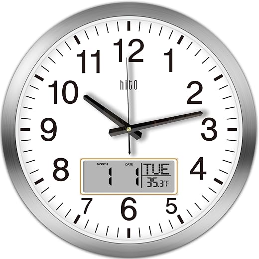 HITO 14 Inch Silent Wall Clock Battery Operated with Temperature and Date, Large Wall Clock for Living Room Decor, Office, Classroom, Bedroom