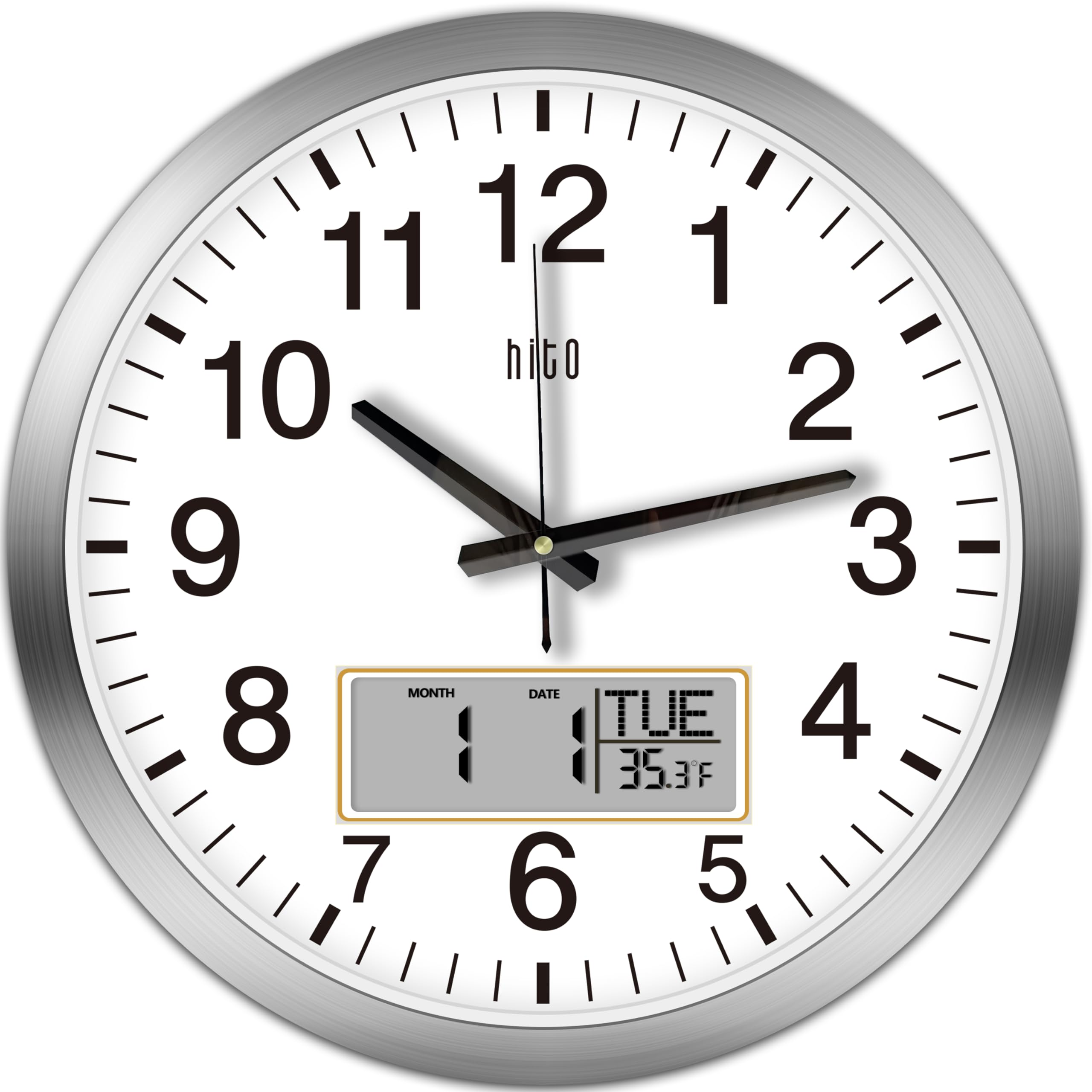 HITO Silent Wall Clock 35cm Battery Operated Temperature Date Large Wall Clock for Living Room Office Classroom Bedroom Decor
