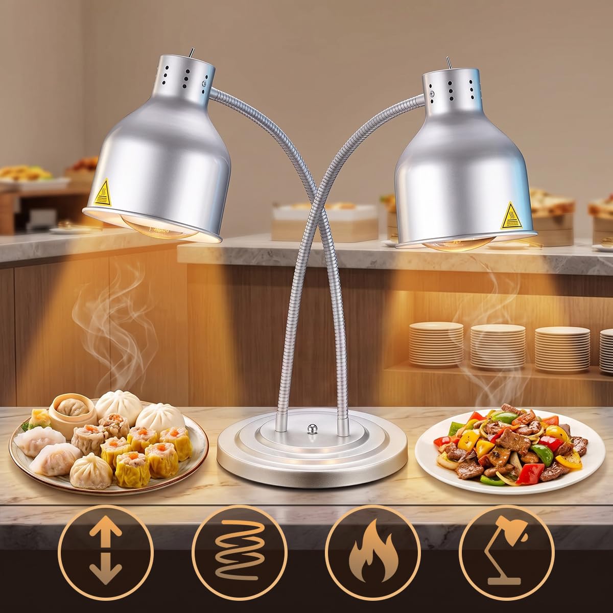 Lampada Riscaldante Doppia per Cucina | Scaldavivande con 2 Lampadine da 250W, Tubo Flessibile Regolabile da 70cm, Ideale per Buffet, Ristoranti, Cucine e Catering