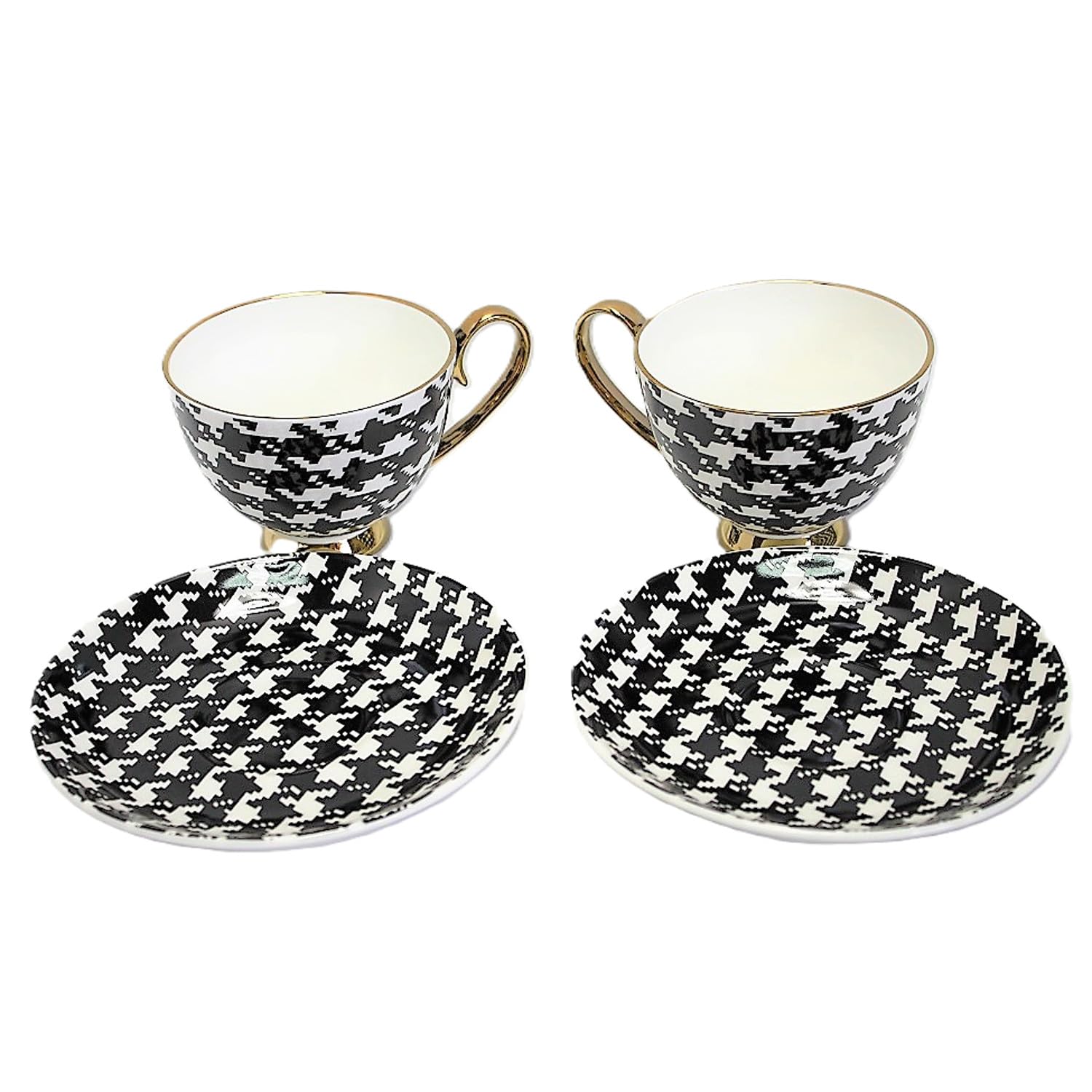 Set di 2 Tazzine da Caffè in Porcellana con Piattino, Motivo Pied de Poule Bianco e Nero, Dettagli Dorati, Elegante Confezione Regalo